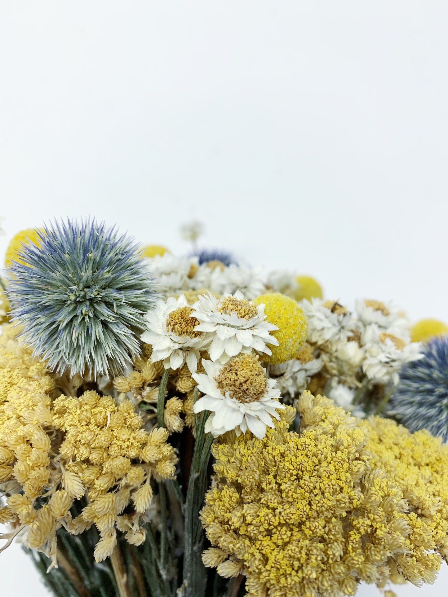 Summer Collection, Bouquet, Dried Flowers, Preserved, Bridal, Wedding, Floral, Colorful, Bridesmaid, Yellow yarrow, blue, globe thisle