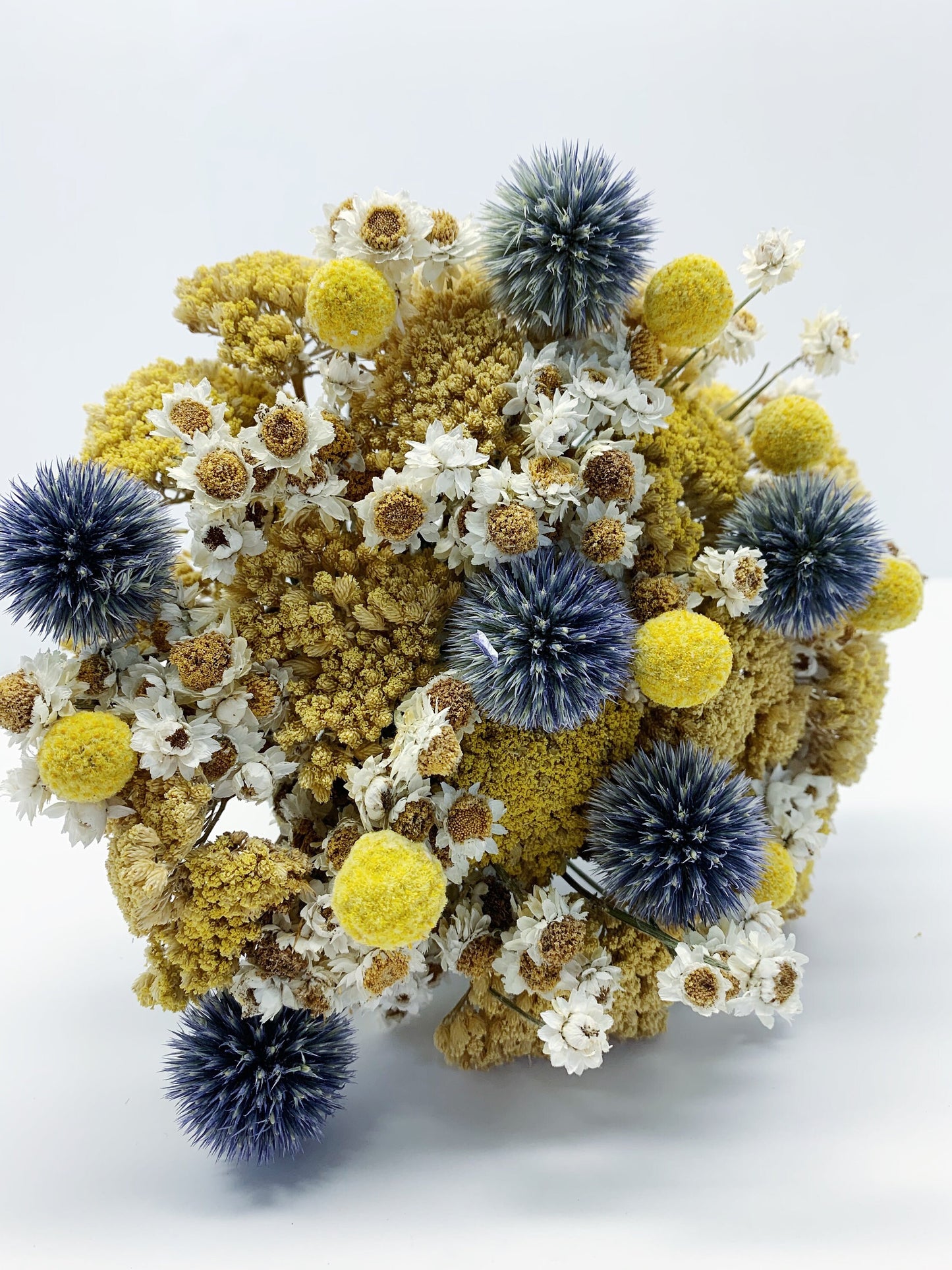 Summer Collection, Bouquet, Dried Flowers, Preserved, Bridal, Wedding, Floral, Colorful, Bridesmaid, Yellow yarrow, blue, globe thisle