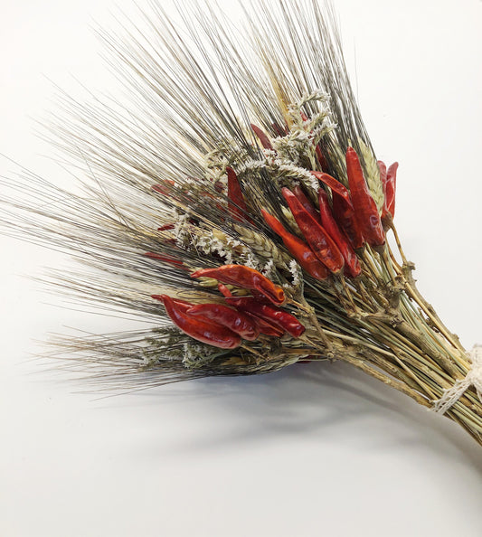 Fall Bouquet, Chili Peppers and Wheat Bouquet, Dried flowers, Black Bearded, Blonde Wheat, Chiles, Wedding, Bridal, Fall, Rustic, Country