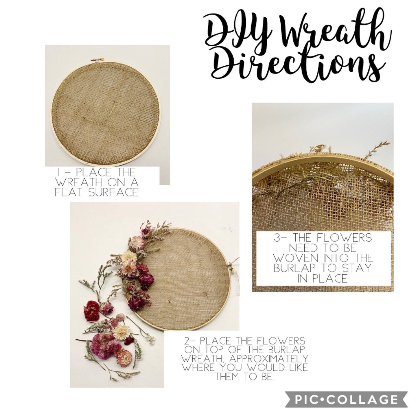 DIY Wreath Kit, Christmas Project, Dried Flowers, Mothers Day gift, Arts and Crafts, Embroidery Hoop, Colorful Decoration, Burlap, Gift