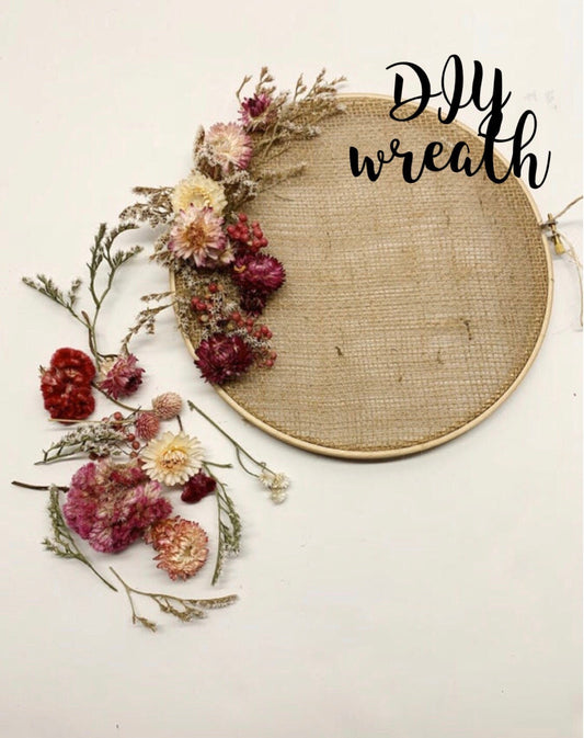 DIY Wreath Kit, Christmas Project, Dried Flowers, Mothers Day gift, Arts and Crafts, Embroidery Hoop, Colorful Decoration, Burlap, Gift