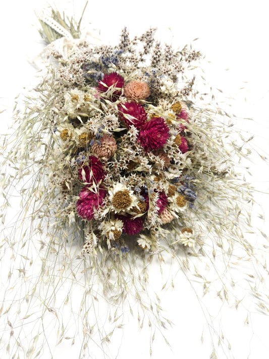 Wedding Bouquet, Dried Flowers, Spring Colors, Anniversary Gift, Present, Pink, Cream, Indian Rice, House Decor, Hair Comb, Head Wreath