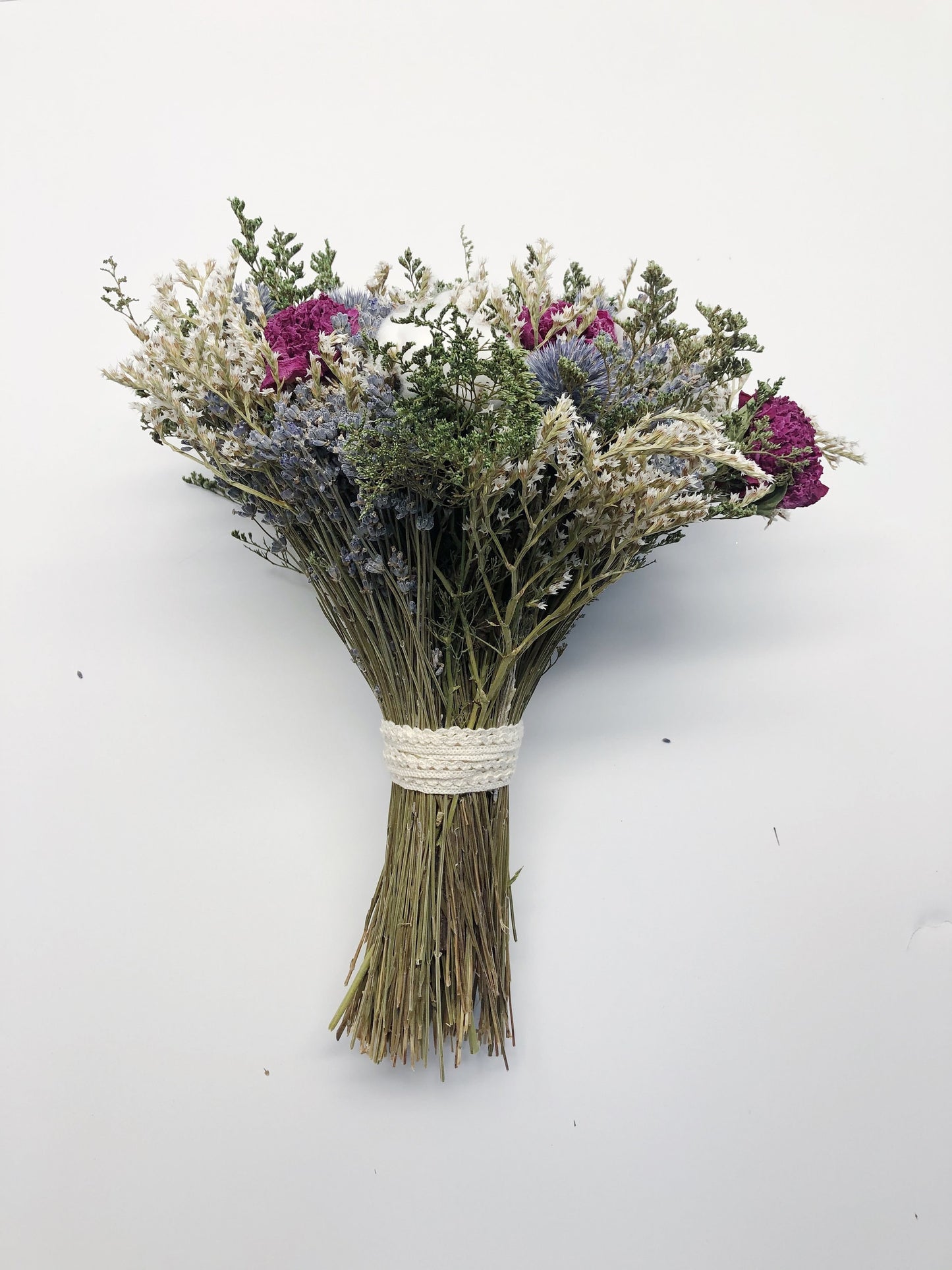 Wedding Bouquet, Preserved Flowers, globe thistle, Peony, German statice, cotton, colorful, decor, green, pink, blue, burgundy