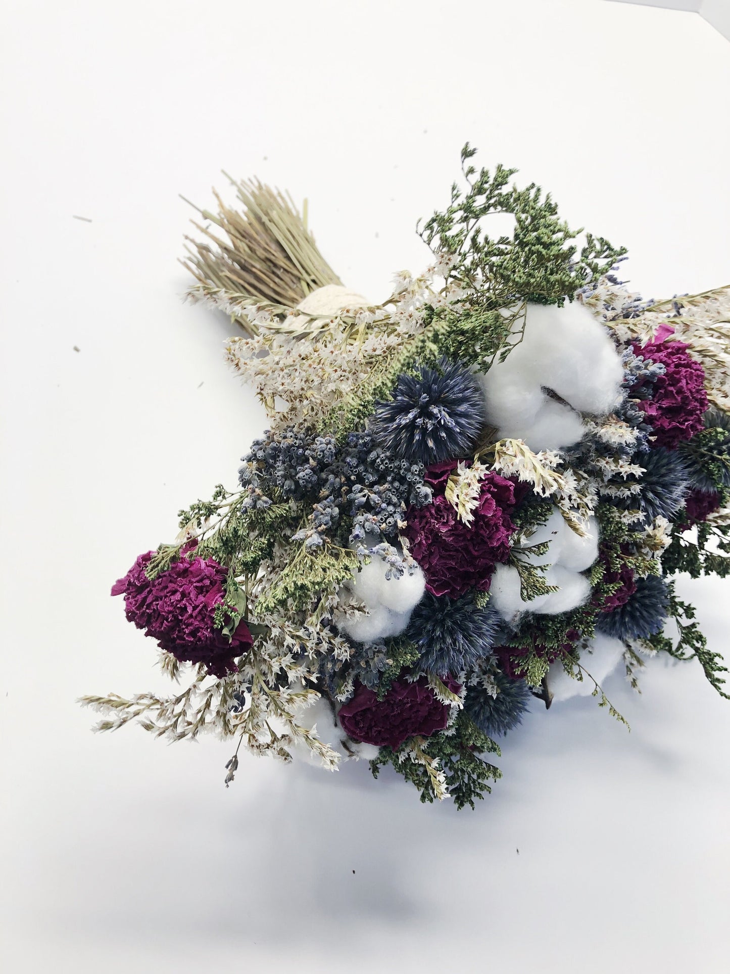 Wedding Bouquet, Preserved Flowers, globe thistle, Peony, German statice, cotton, colorful, decor, green, pink, blue, burgundy