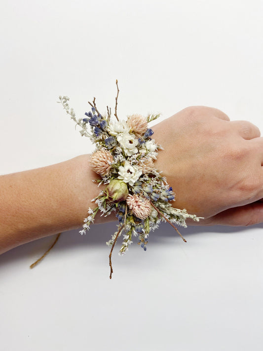 Corsage, wedding accessories, prom, floral corsage, dried flowers, preserved flowers, twine wrap, natural, simple, light color