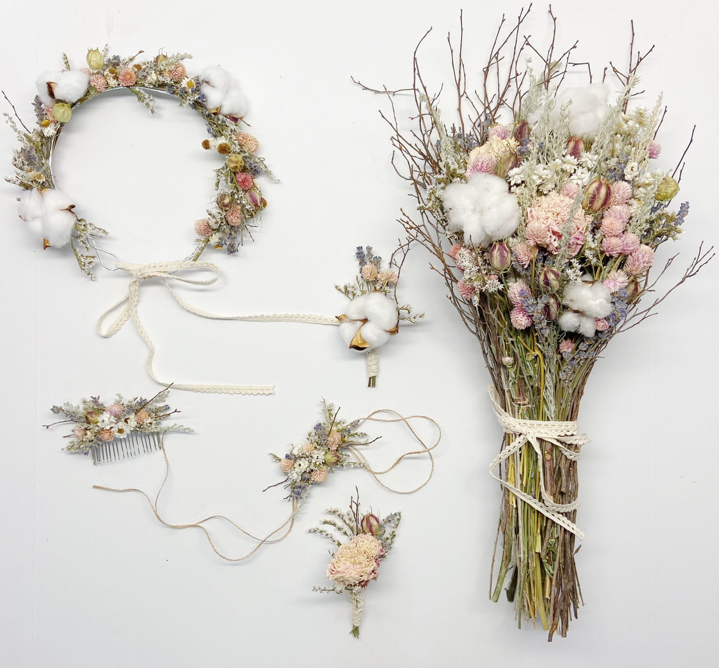 Corsage, wedding accessories, prom, floral corsage, dried flowers, preserved flowers, twine wrap, natural, simple, light color