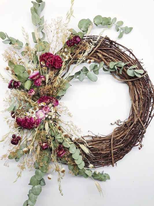 Dried Wreath, Eucalyptus, Coxcomb, Preserved Flower Wreath, Door Wreath, Wall Decoration, Pink Flowers, Greenery, Simple, Grapevine
