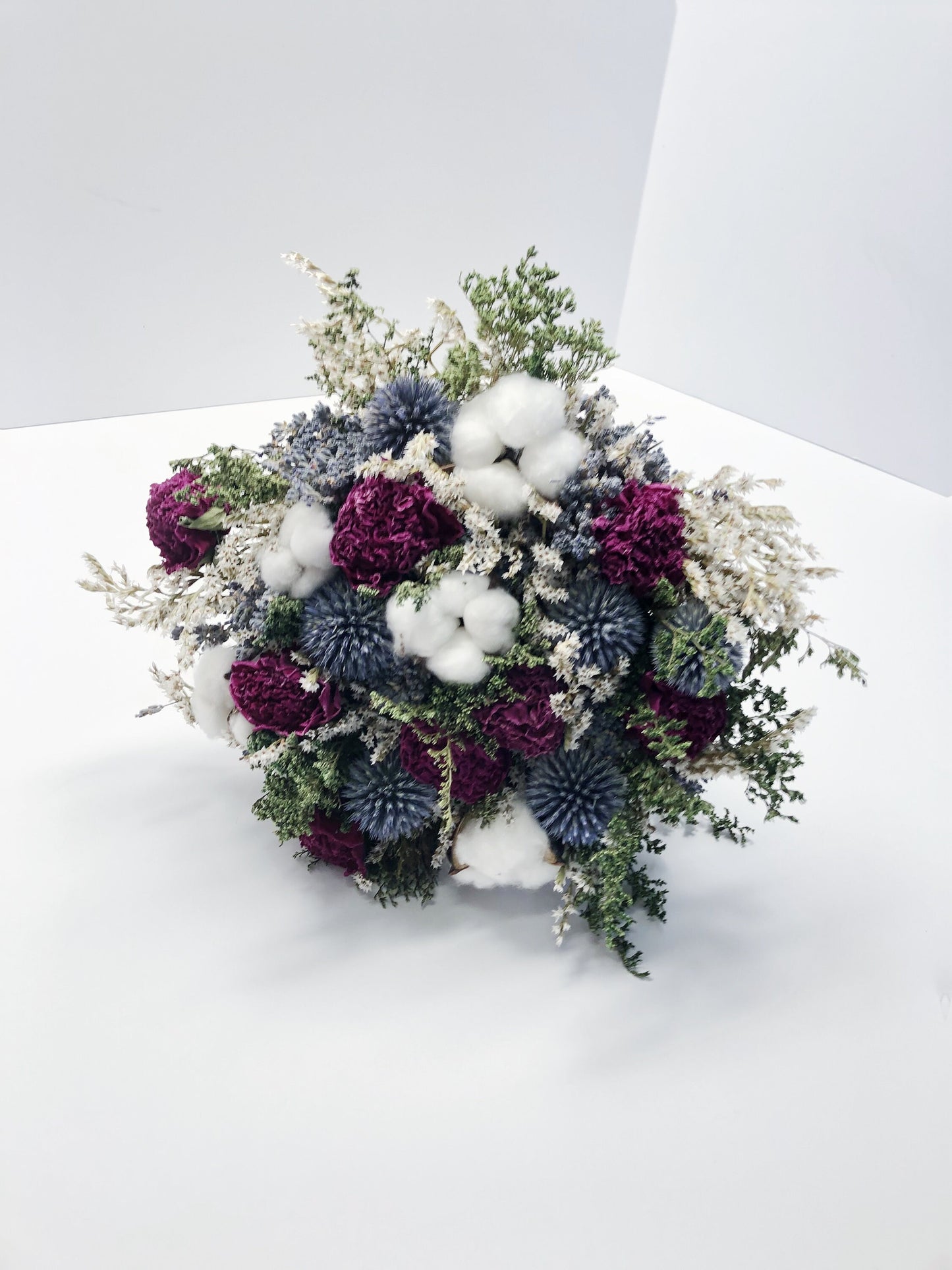 Wedding Bouquet, Preserved Flowers, globe thistle, Peony, German statice, cotton, colorful, decor, green, pink, blue, burgundy