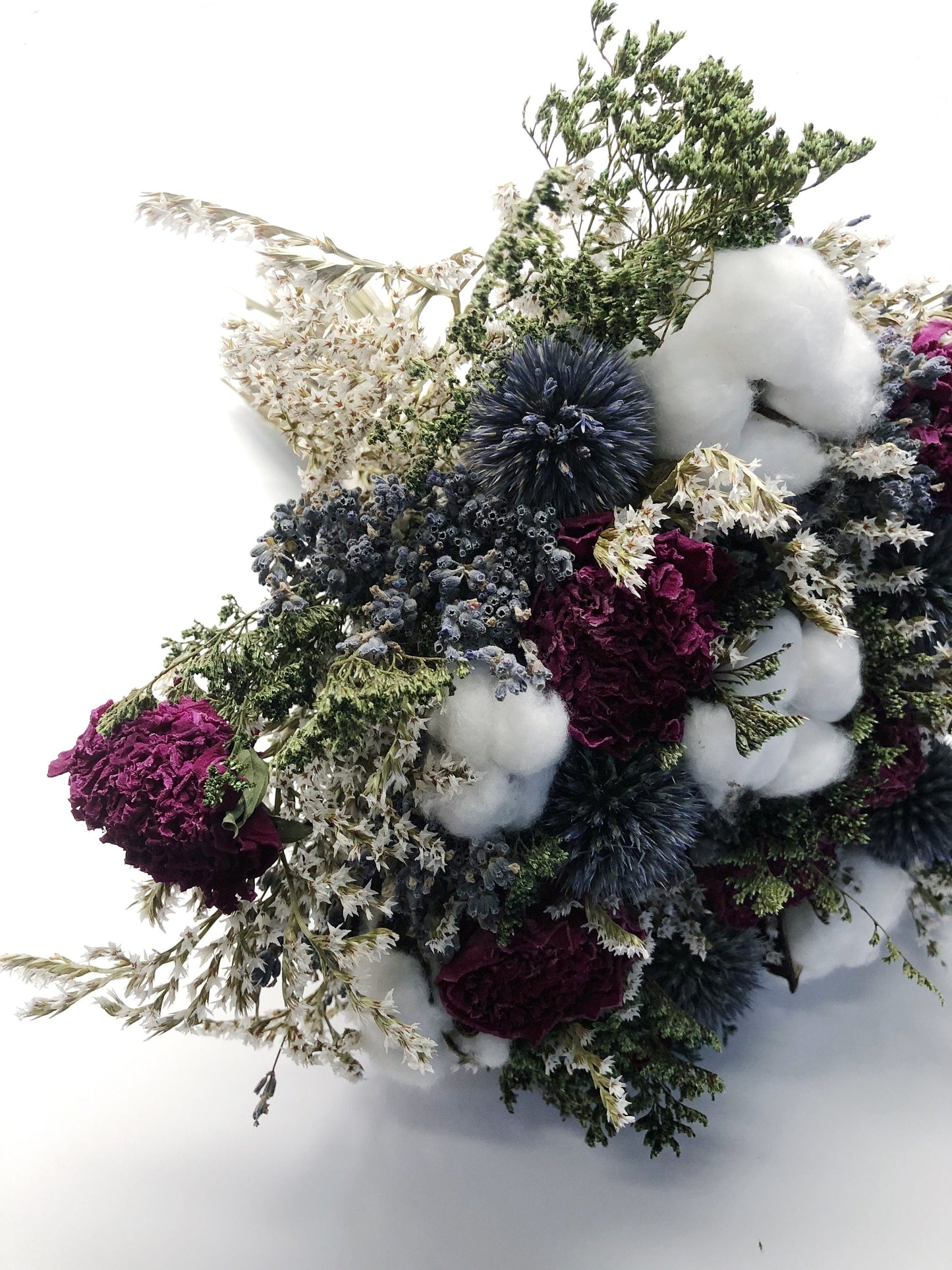 Wedding Bouquet, Preserved Flowers, globe thistle, Peony, German statice, cotton, colorful, decor, green, pink, blue, burgundy