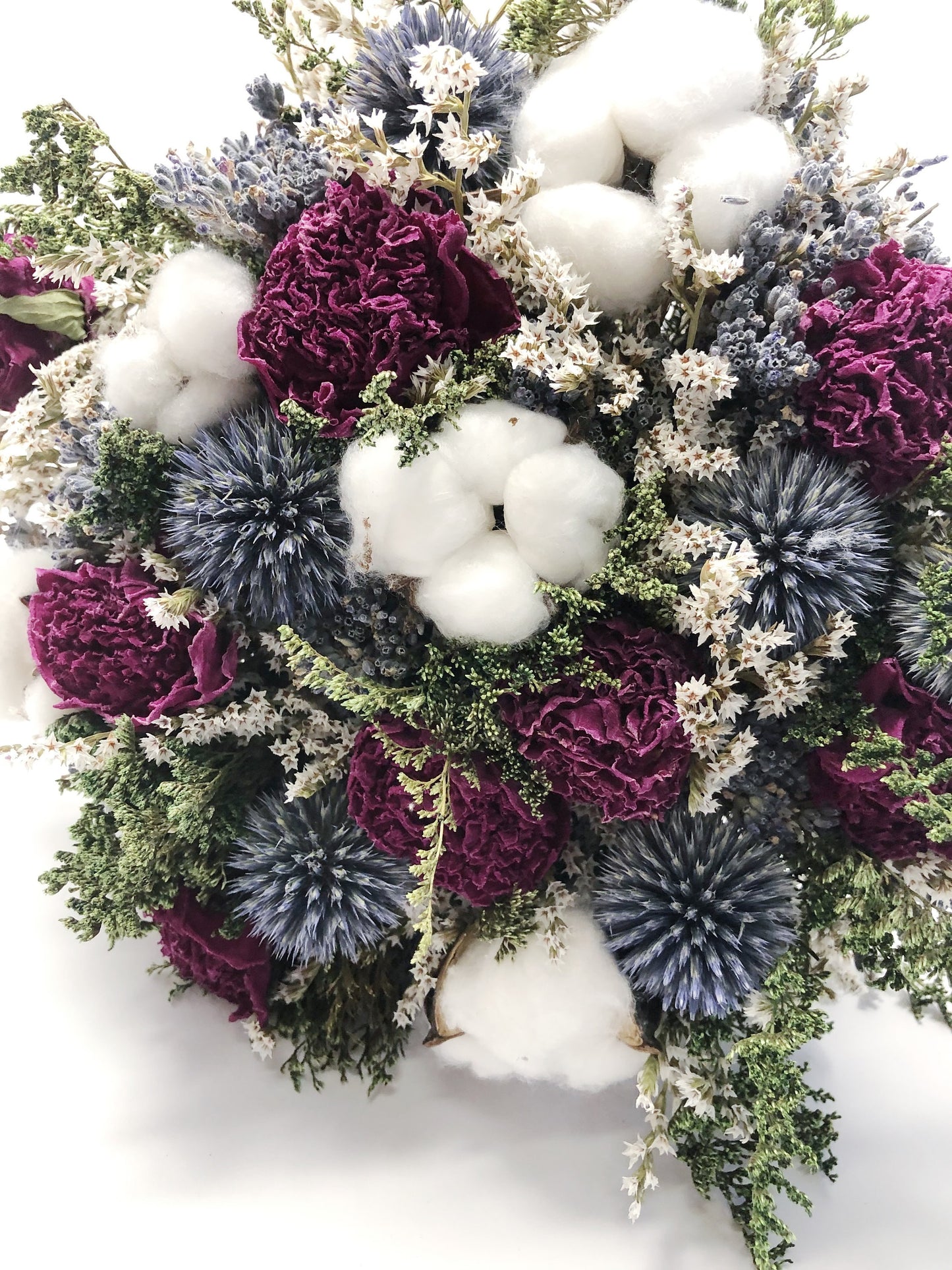 Wedding Bouquet, Preserved Flowers, globe thistle, Peony, German statice, cotton, colorful, decor, green, pink, blue, burgundy