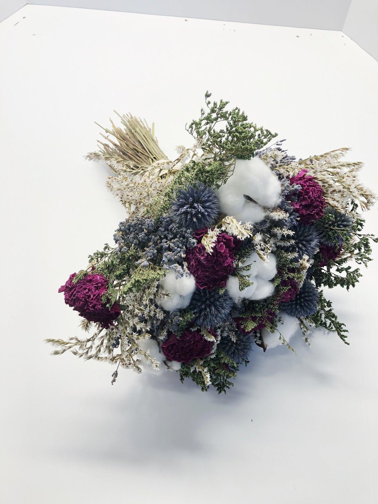 Wedding Bouquet, Preserved Flowers, globe thistle, Peony, German statice, cotton, colorful, decor, green, pink, blue, burgundy