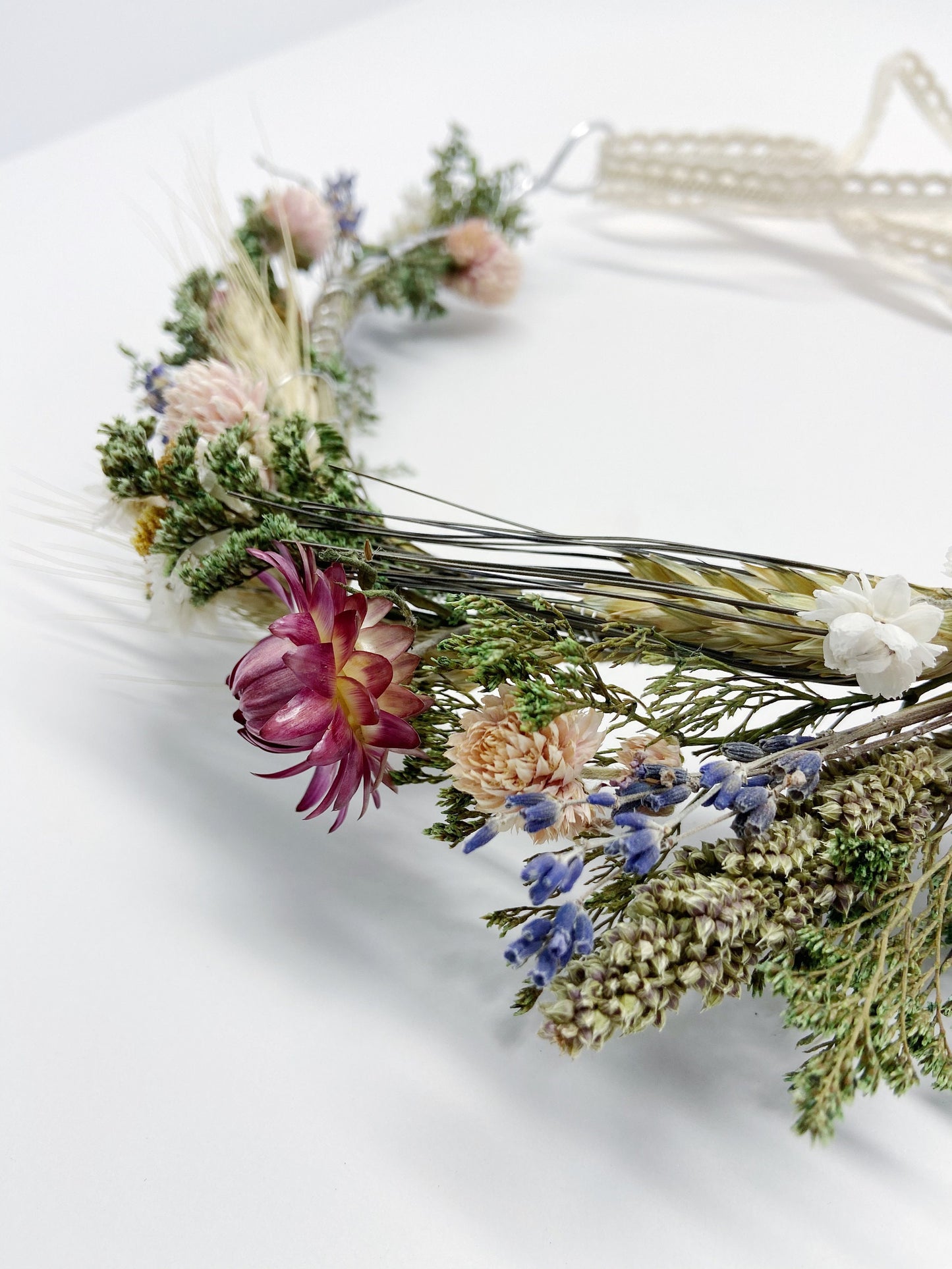 Floral Crown, Head Wreath, Wedding Hair Accessories, Wall Art, Headband, Flower Wreath, Preserved Flowers, Strawflowers, Ammobium, Caspia