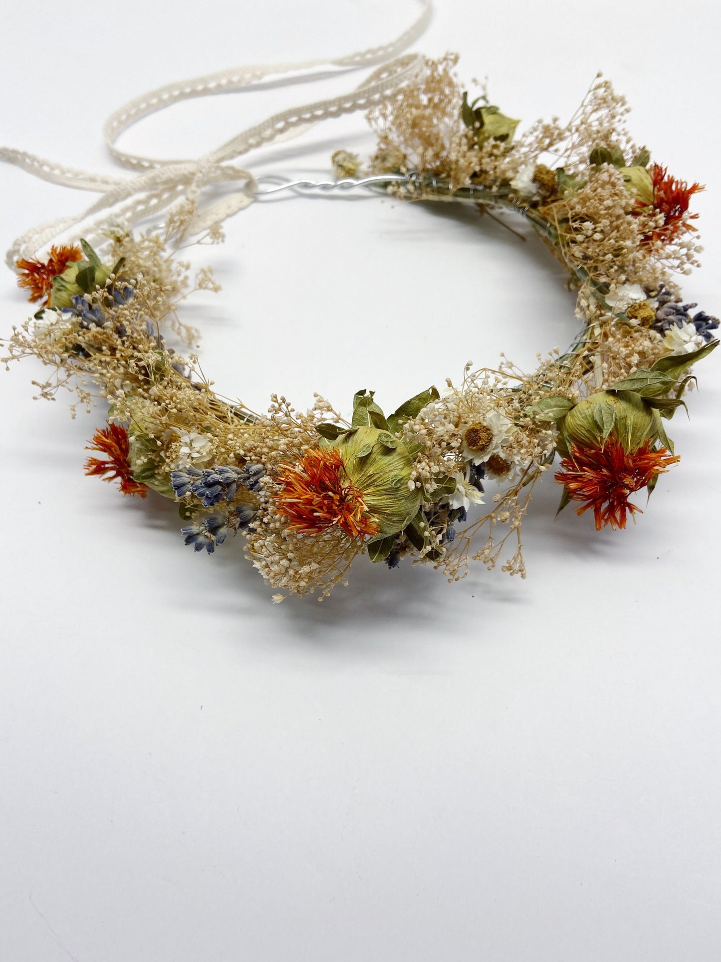Wedding Head Wreath, Crown, Hoop, Wall Wreath, Halo, Boho, Wild Flower, Floral, Dried Flowers, Simple, Rustic, Preserved, Orange, Forest