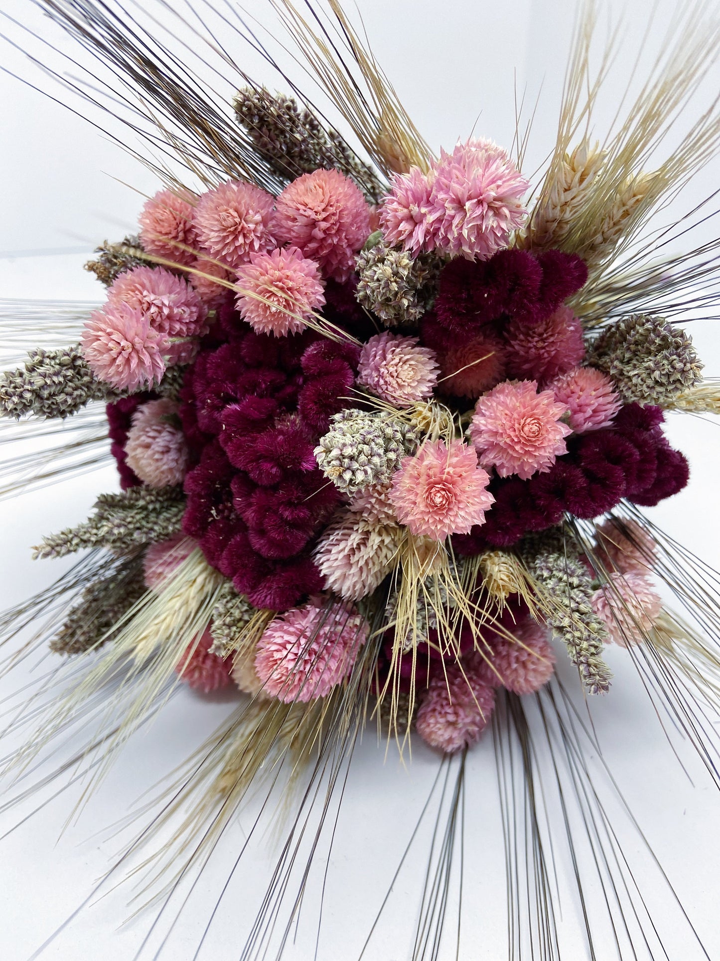 Fall Wedding, Dried Flowers, Rustic Bouquet, Coxcomb, Globe amaranth, Tapestry Millet, Wheat, Fall Colors, Throw Bouquet, Pink
