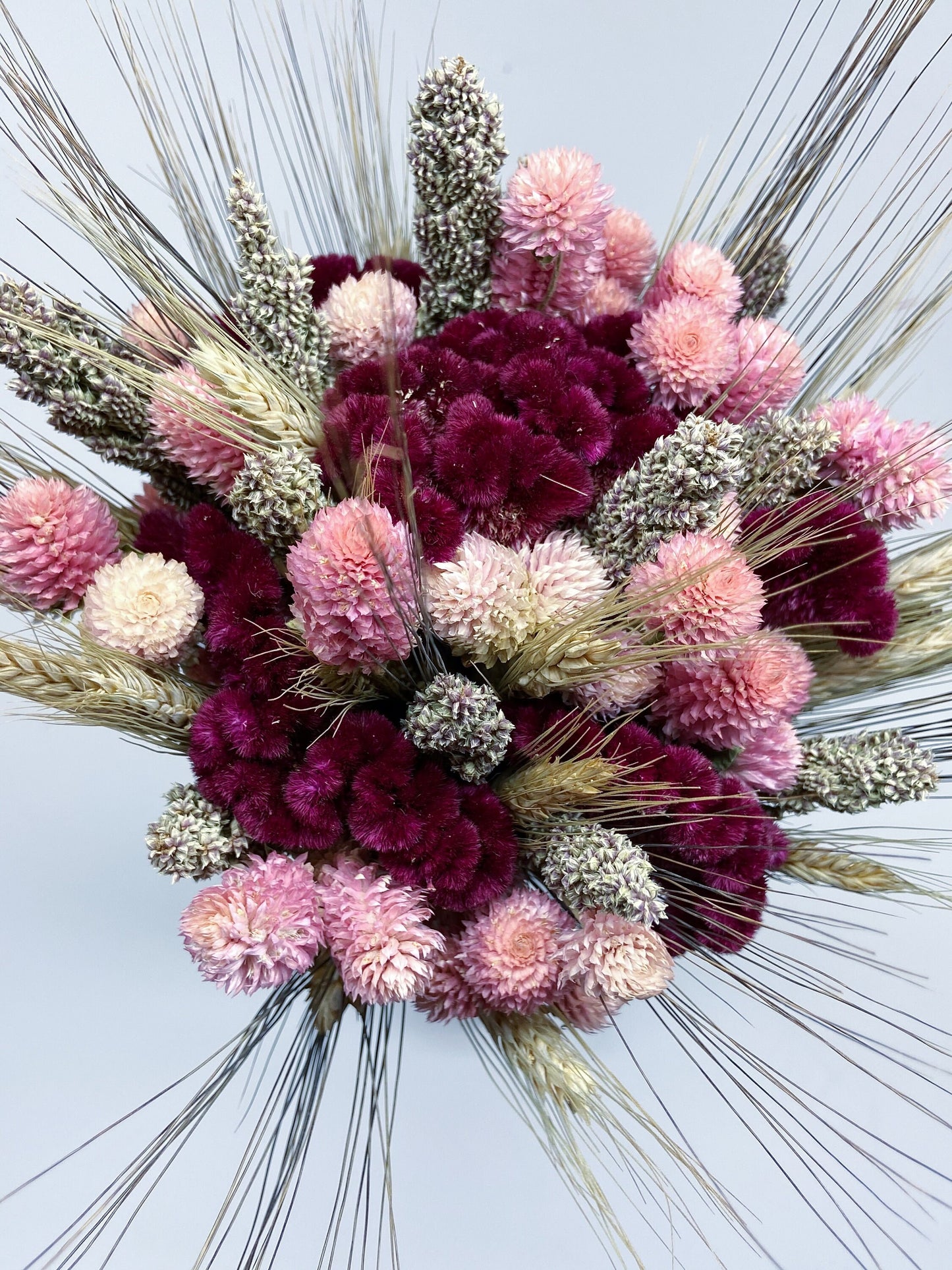 Fall Wedding, Dried Flowers, Rustic Bouquet, Coxcomb, Globe amaranth, Tapestry Millet, Wheat, Fall Colors, Throw Bouquet, Pink