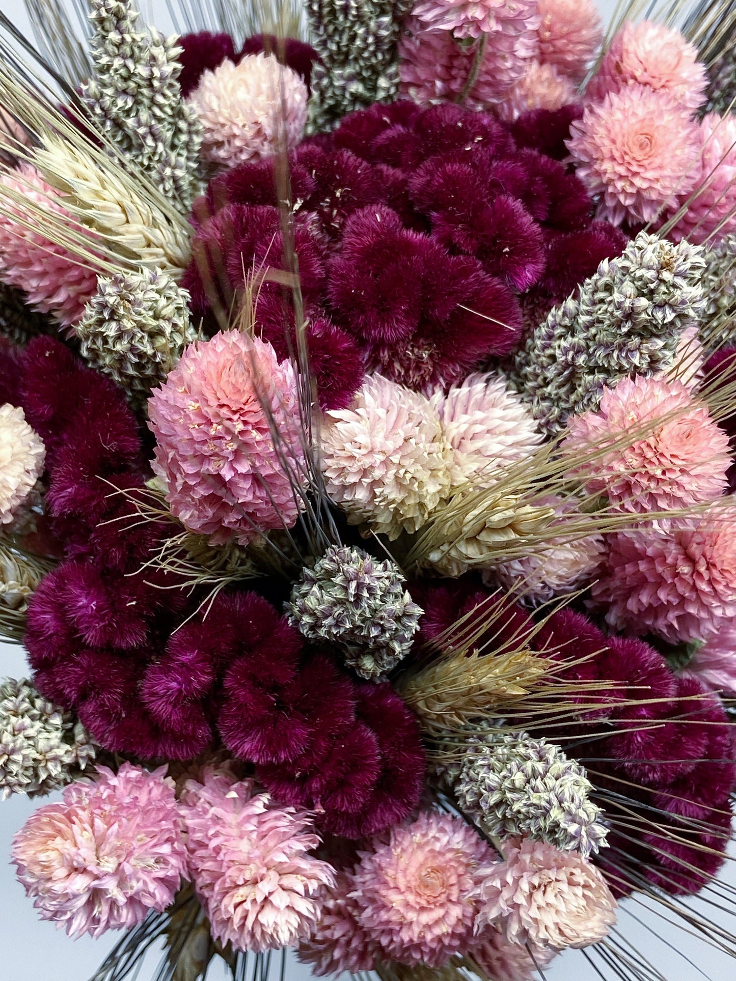 Fall Wedding, Dried Flowers, Rustic Bouquet, Coxcomb, Globe amaranth, Tapestry Millet, Wheat, Fall Colors, Throw Bouquet, Pink