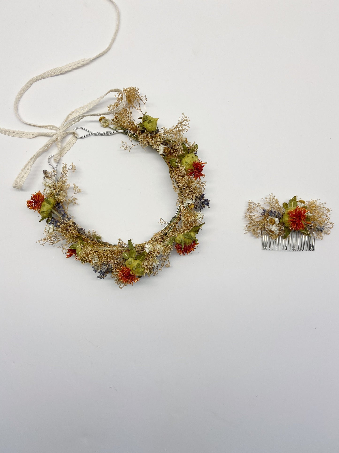 Wedding Head Wreath, Crown, Hoop, Wall Wreath, Halo, Boho, Wild Flower, Floral, Dried Flowers, Simple, Rustic, Preserved, Orange, Forest