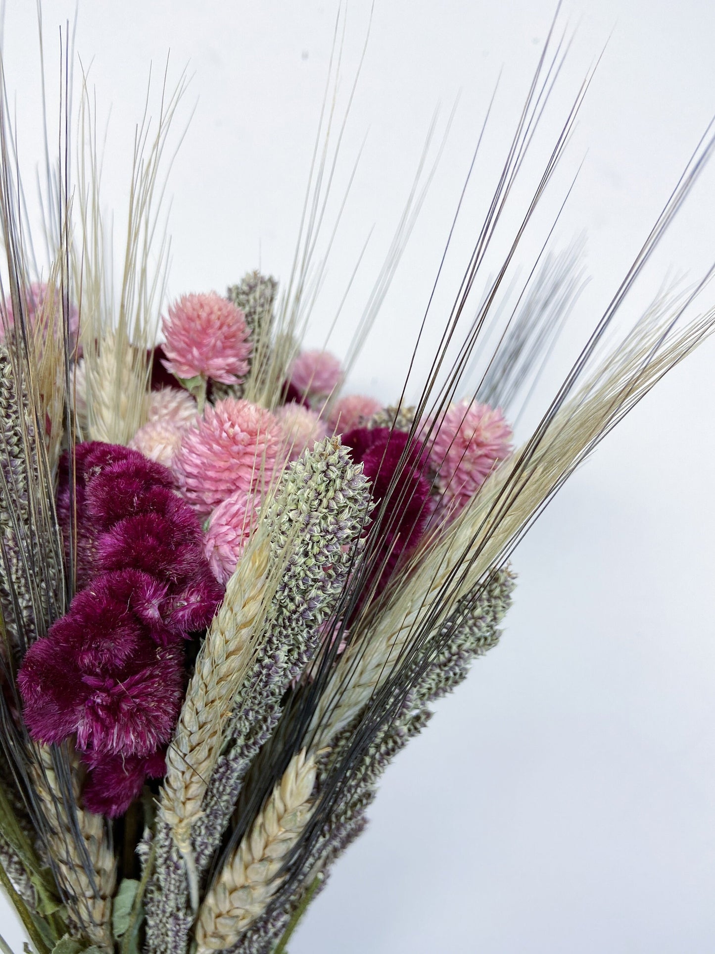 Fall Wedding, Dried Flowers, Rustic Bouquet, Coxcomb, Globe amaranth, Tapestry Millet, Wheat, Fall Colors, Throw Bouquet, Pink