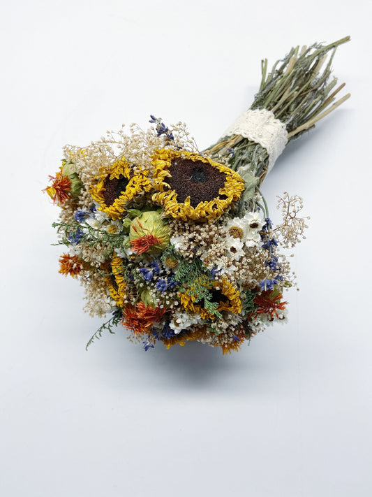 Wedding Bouquet, Wildflowers, Lavender, sunflowers, Caspia, mini gyp, safflower, ammobium, house decor, wedding bouquet, throw