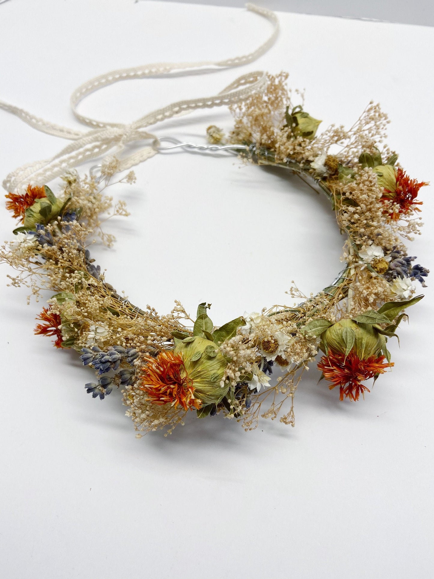 Wedding Head Wreath, Crown, Hoop, Wall Wreath, Halo, Boho, Wild Flower, Floral, Dried Flowers, Simple, Rustic, Preserved, Orange, Forest