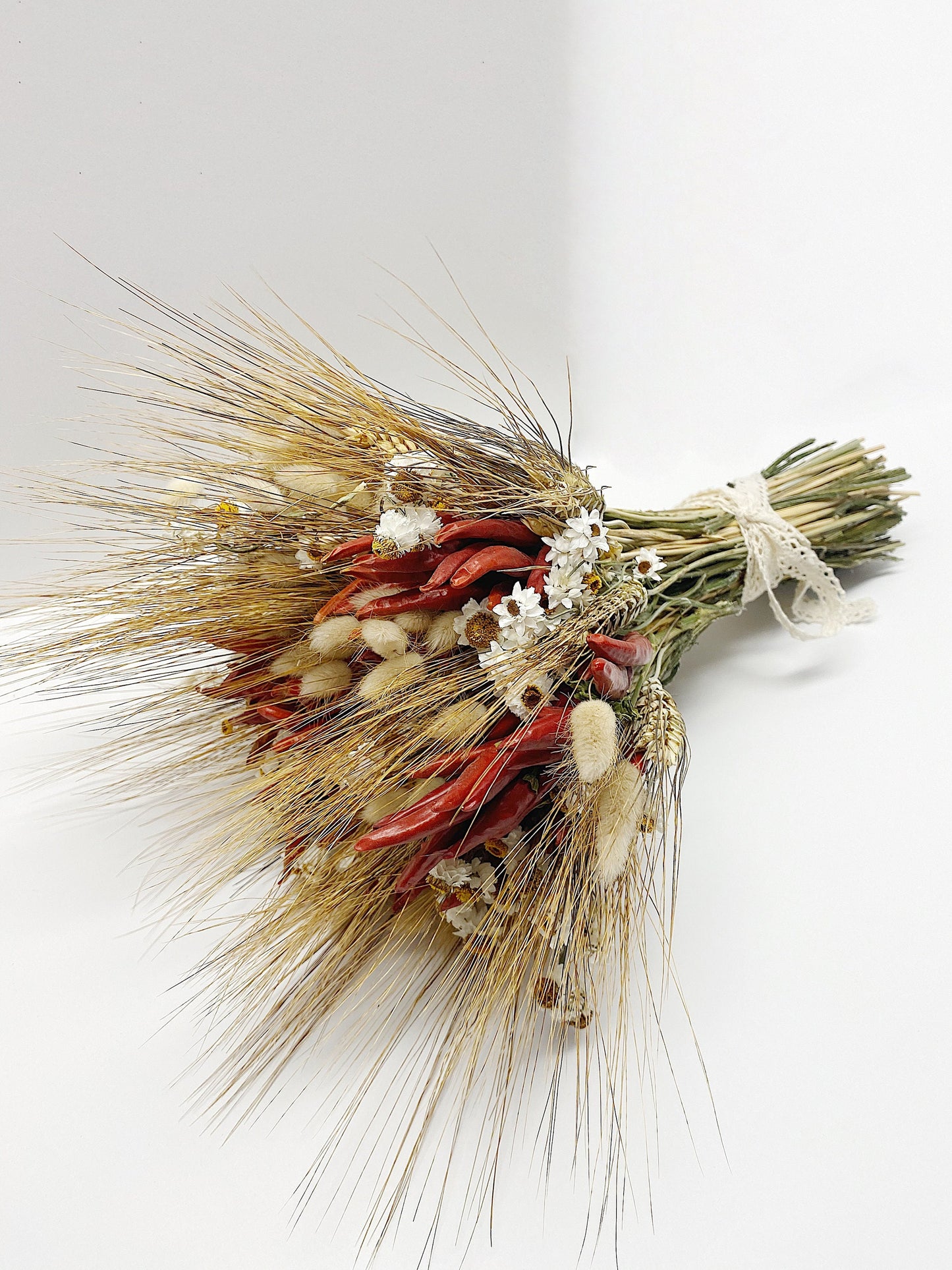 Fall Bouquet, Chili Peppers, Dried Flowers, Bunny Tails, Bridal, Red, Ammobium, Country, Preserved Flowers, Wheat