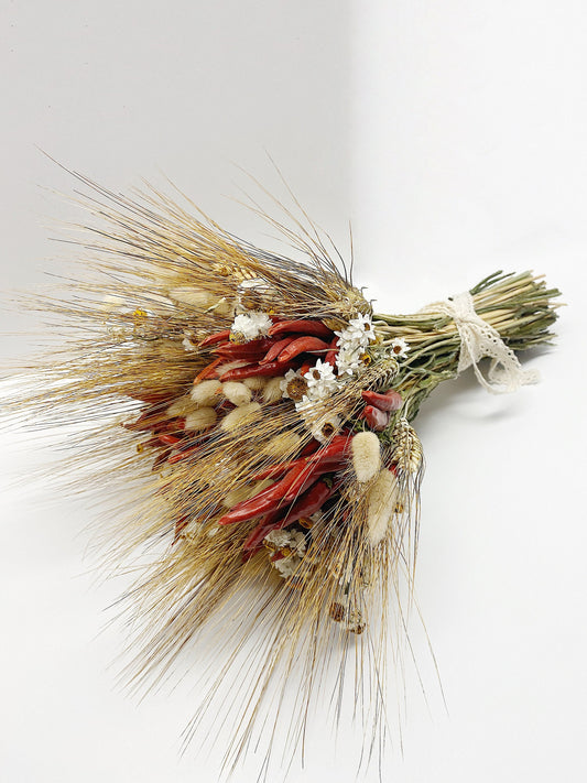 Fall Bouquet, Chili Peppers, Dried Flowers, Bunny Tails, Bridal, Red, Ammobium, Country, Preserved Flowers, Wheat
