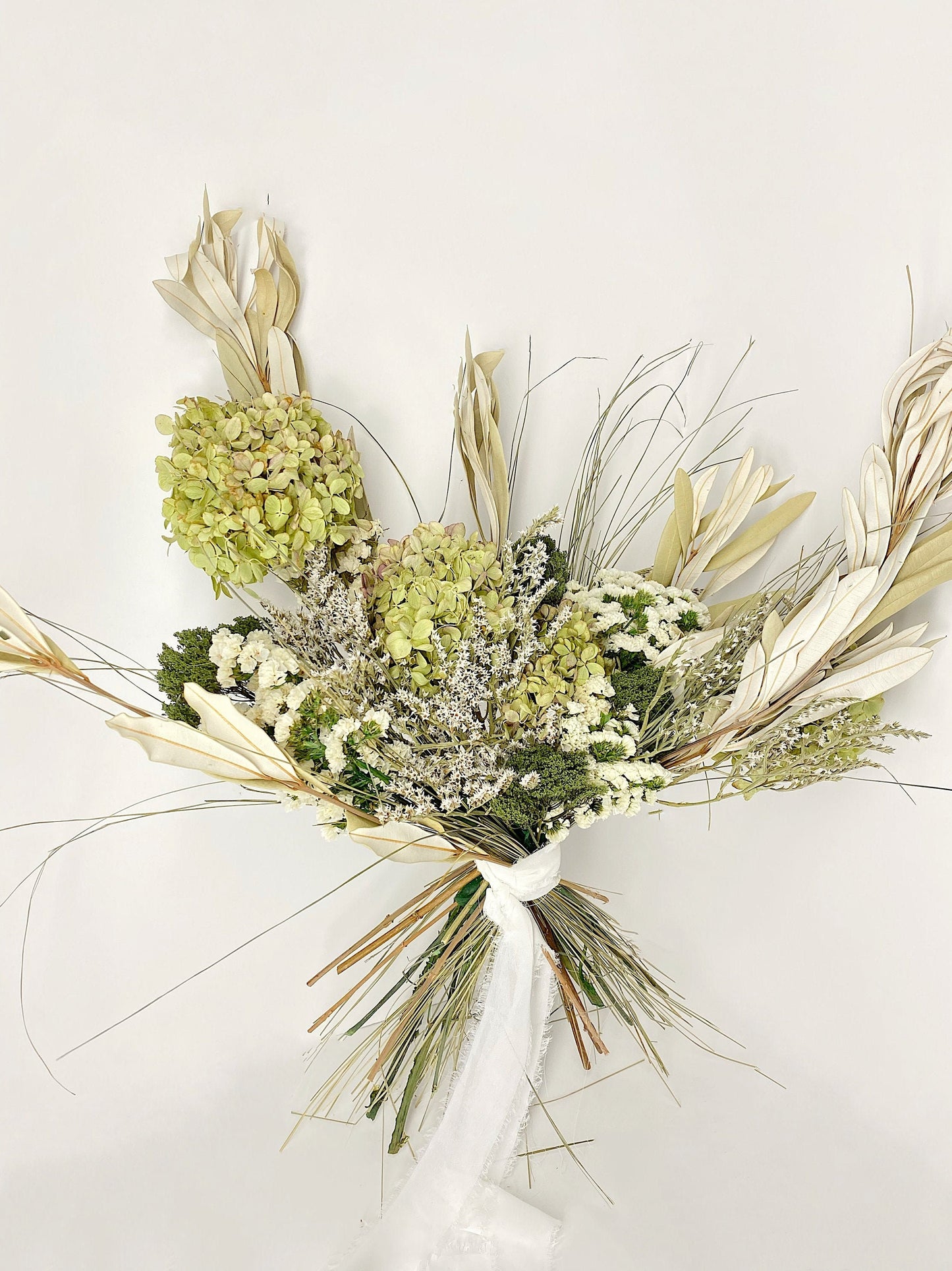 Wedding Bouquet, Green and White, Summer Bouquet, Hydrangeas, Bridal, Floral, Preserved Flowers, German Statice, Neutral, Ribbon, Decor