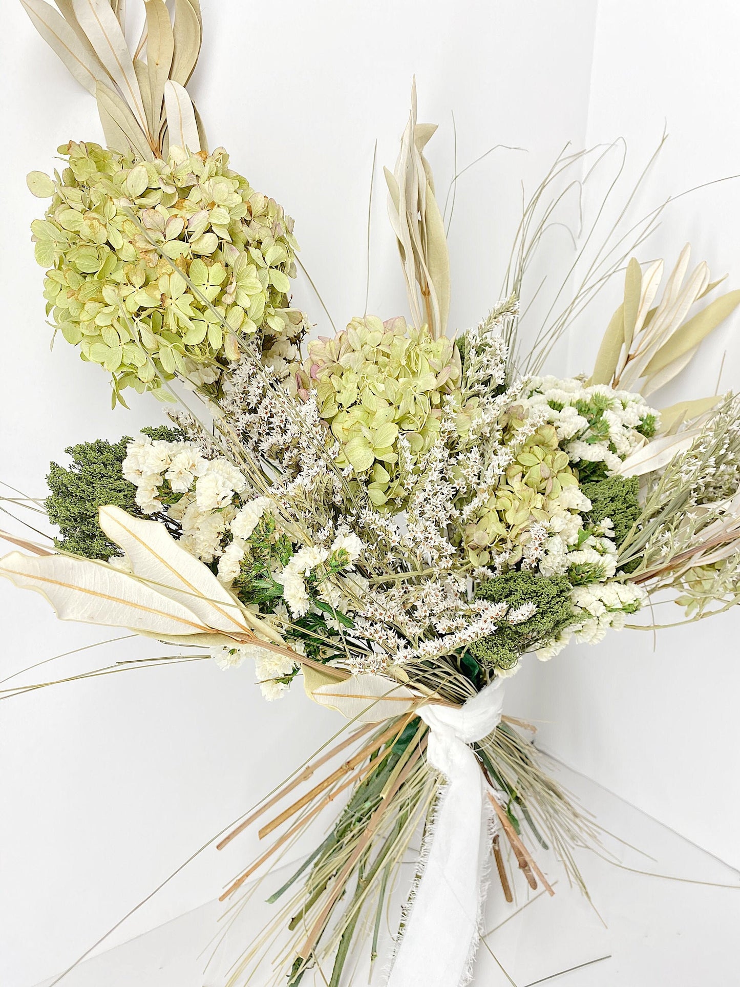 Wedding Bouquet, Green and White, Summer Bouquet, Hydrangeas, Bridal, Floral, Preserved Flowers, German Statice, Neutral, Ribbon, Decor