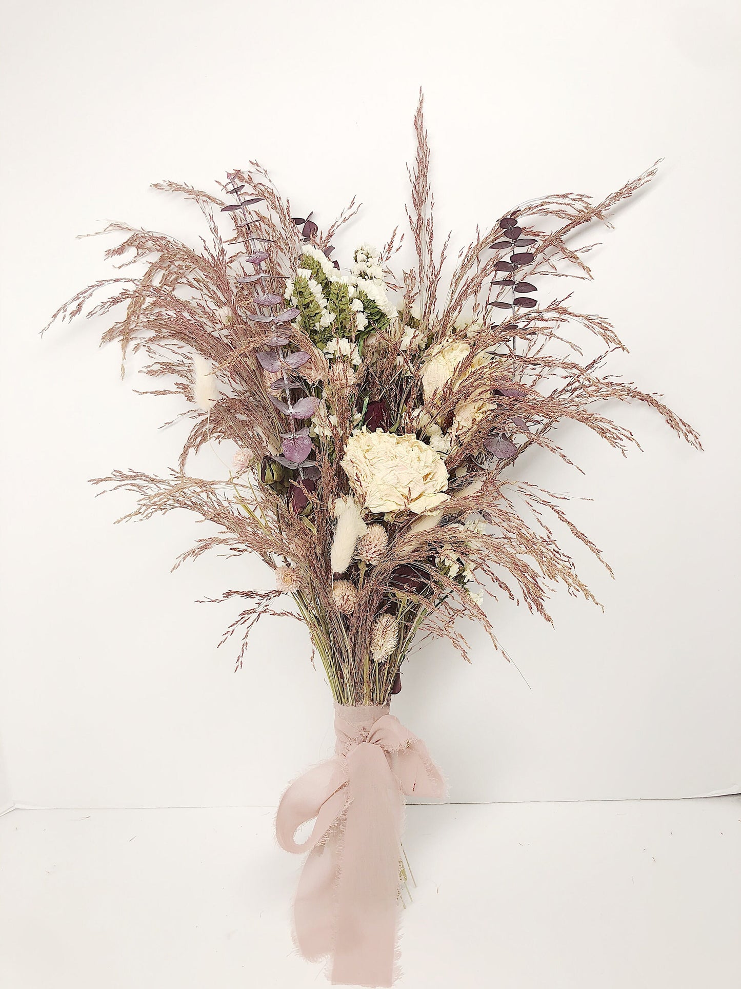 Dusty Pink Wedding Bouquet, Fluffy, Peonies, Dried Flowers, Bridal, Preserved, Bunny Tails, Floral, Summer, Purple, Roses, Cute, Ribbon