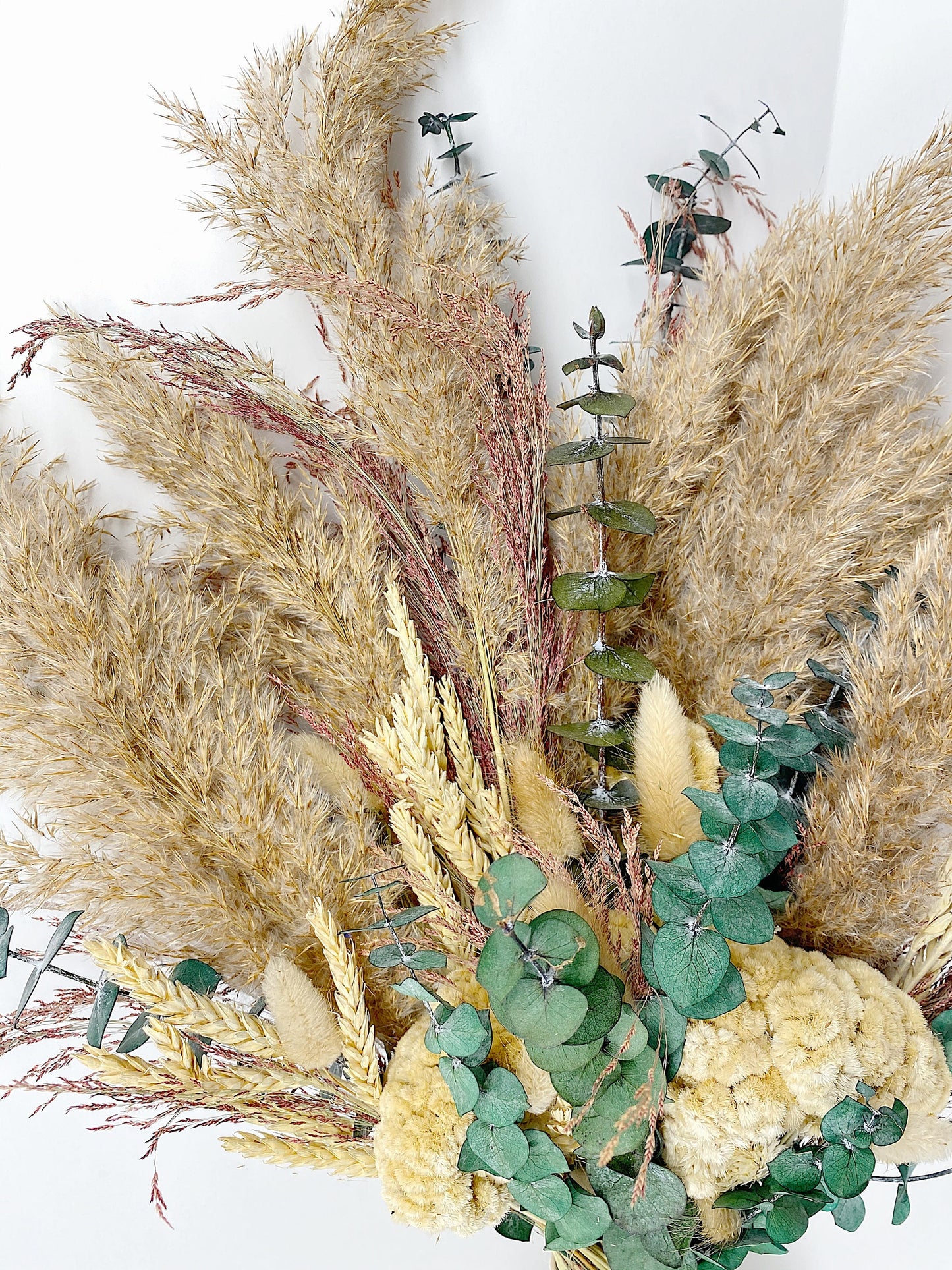 Boho Pampas Grass Wedding Bouquet, Cream, Summer, Beige Preserved Flowers, Coxcomb, Pink, Ribbon, Eucalyptus, Dried, Natural, Bunny Tails