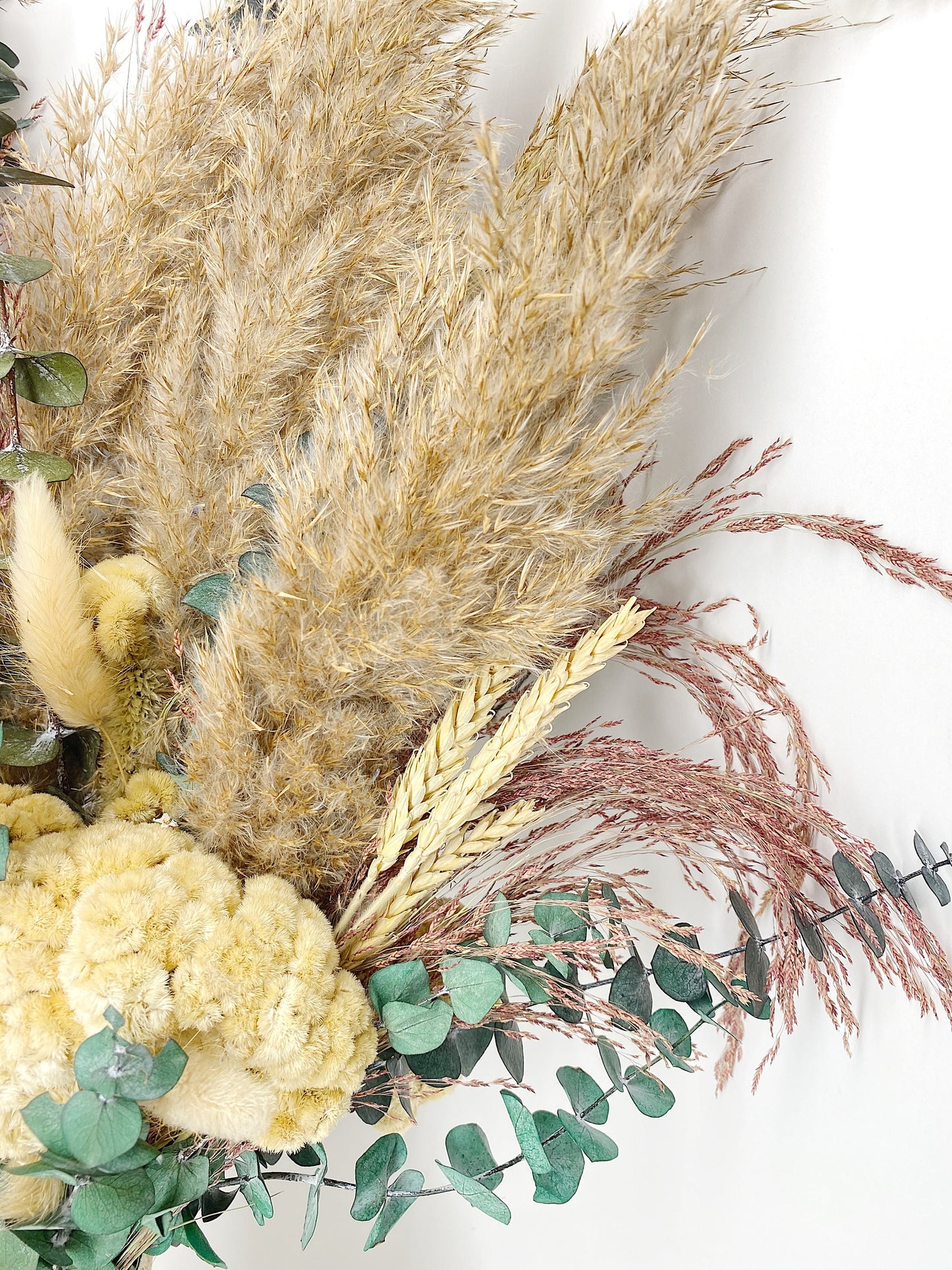 Boho Pampas Grass Wedding Bouquet, Cream, Summer, Beige Preserved Flowers, Coxcomb, Pink, Ribbon, Eucalyptus, Dried, Natural, Bunny Tails