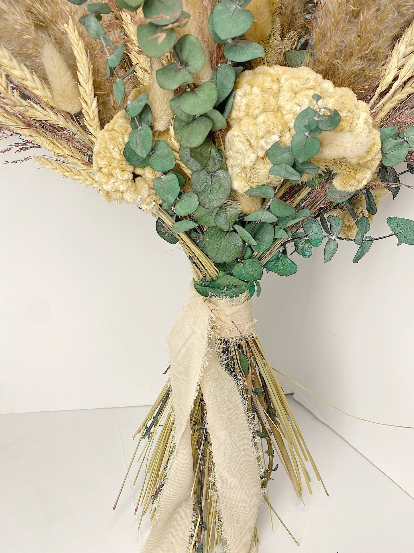Boho Pampas Grass Wedding Bouquet, Cream, Summer, Beige Preserved Flowers, Coxcomb, Pink, Ribbon, Eucalyptus, Dried, Natural, Bunny Tails