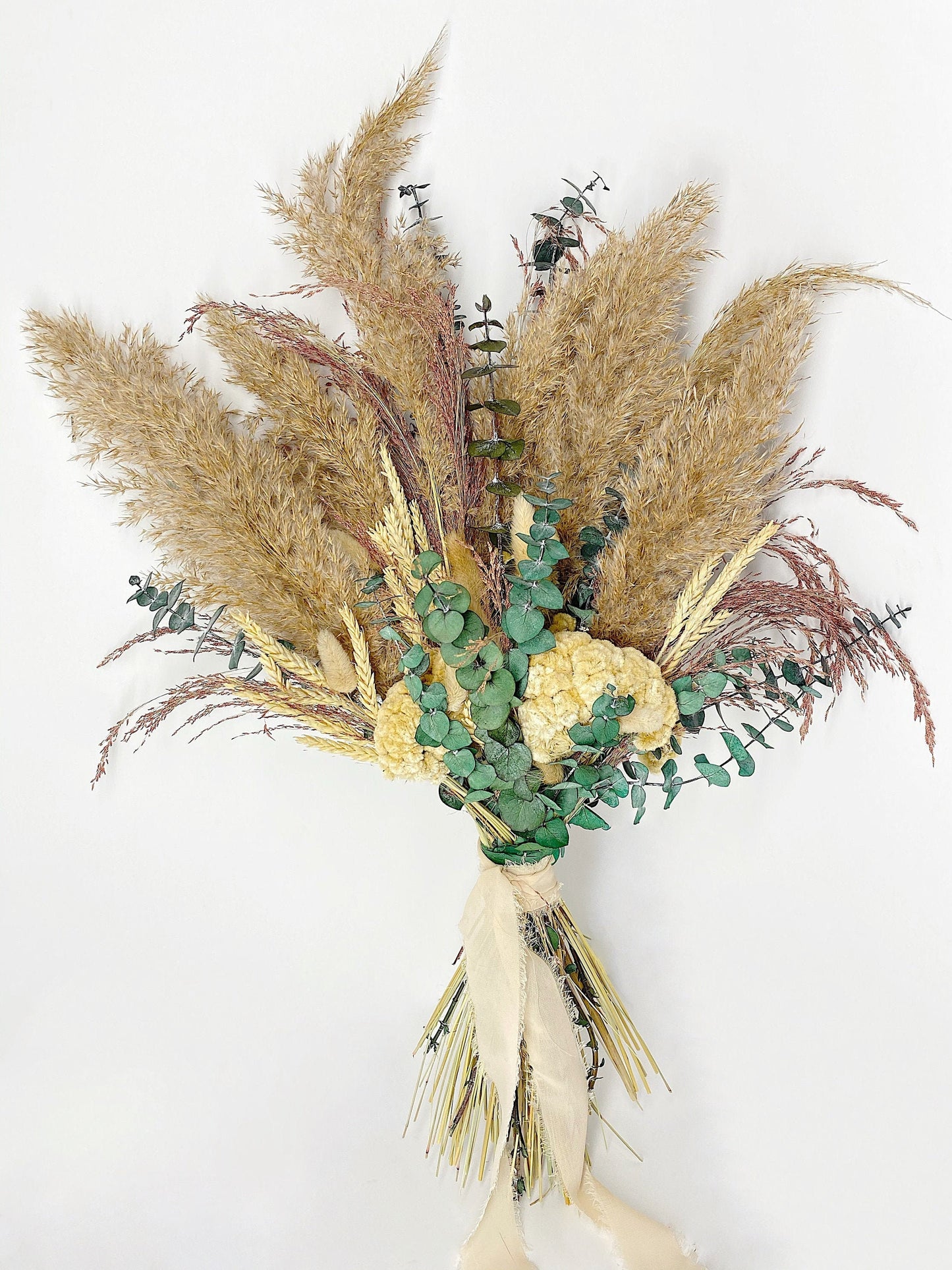Boho Pampas Grass Wedding Bouquet, Cream, Summer, Beige Preserved Flowers, Coxcomb, Pink, Ribbon, Eucalyptus, Dried, Natural, Bunny Tails