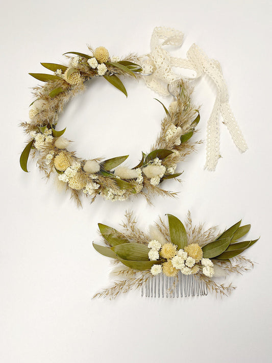 Head Wreath, Hair Comb, Natural Flowers, Head Decoration, Dried Flowers, Neutral, Cute, Bridal, Flower Girl, Photoshoot, Centerpiece, Cream