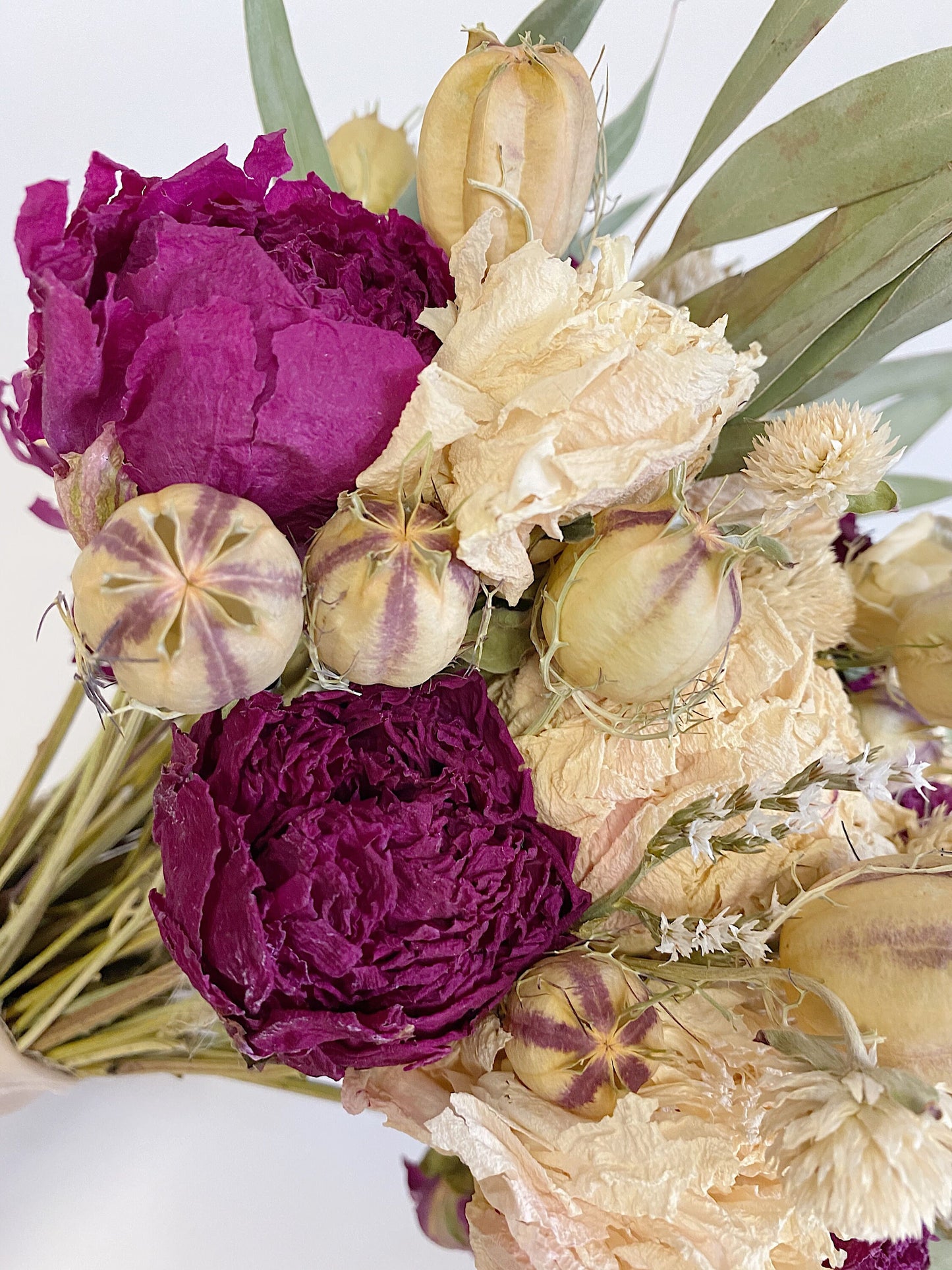 Wedding Bouquet, Peonies, Dried Flowers, Preserved Flowers, Bridal, Nigella, Cream, Purple, German Statice, Ribbon, Summer, Floral, Greenery