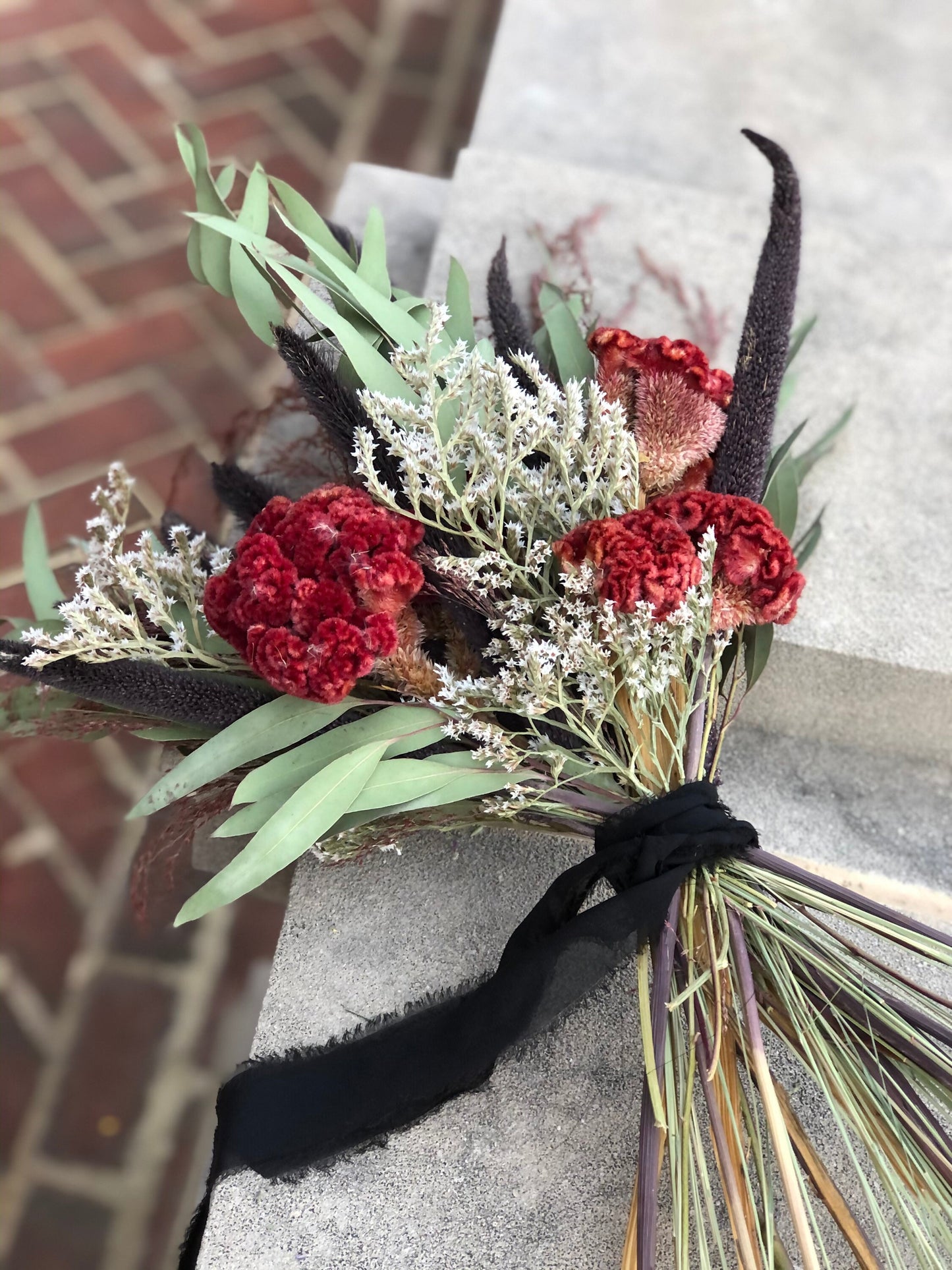 Burgundy Wedding Bouquet, Dried Flowers, Red, Bridal, Coxcomb, Dark, Summer, Fall Purple Majesty, Winter, German Statice, Greenery, Red Silk