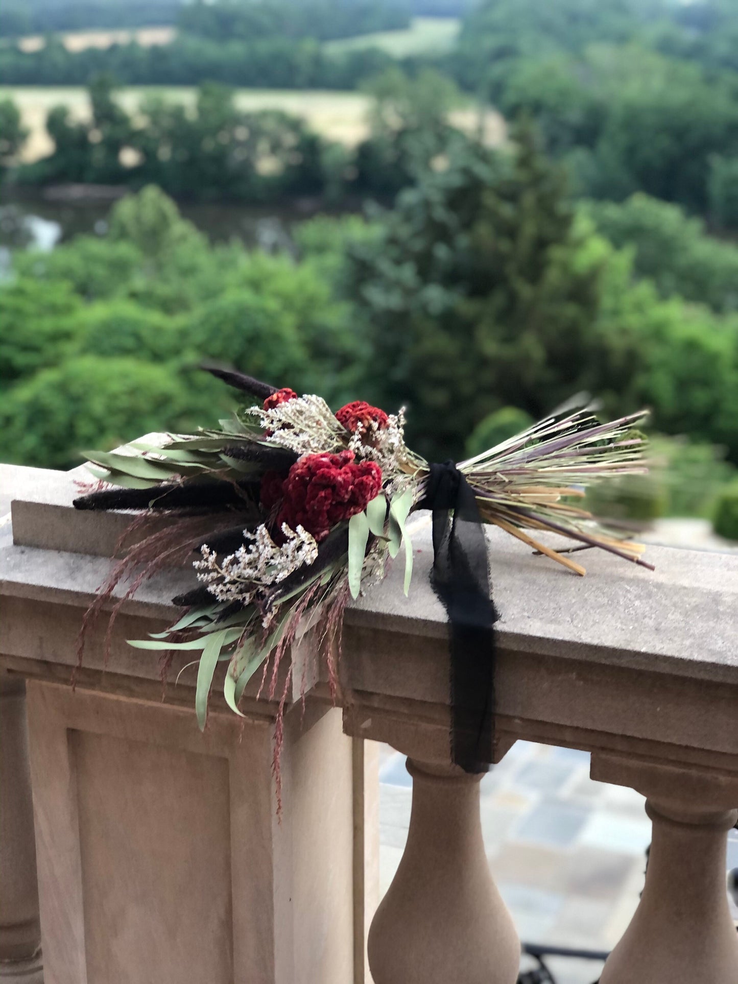Burgundy Wedding Bouquet, Dried Flowers, Red, Bridal, Coxcomb, Dark, Summer, Fall Purple Majesty, Winter, German Statice, Greenery, Red Silk