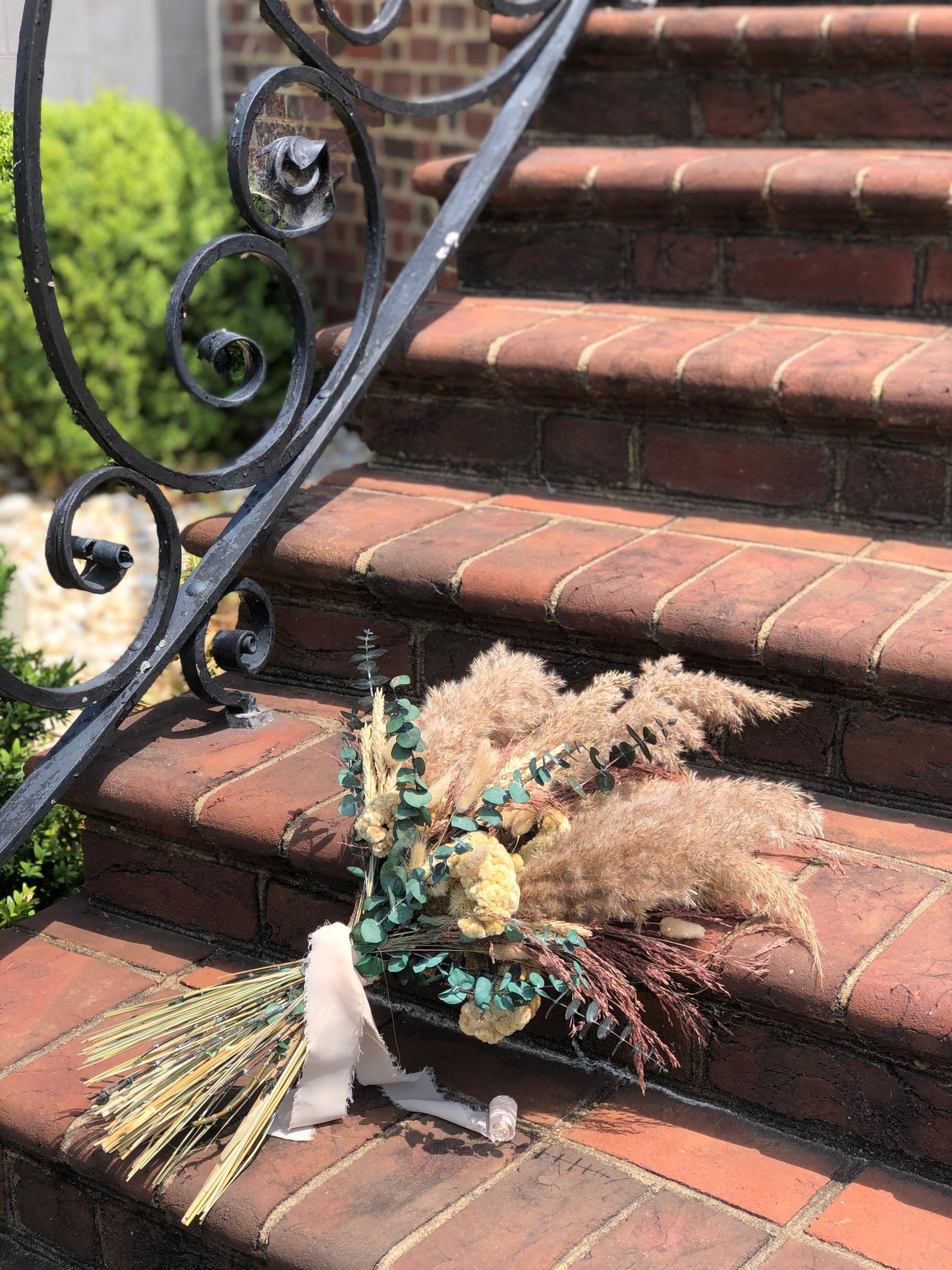 Boho Pampas Grass Wedding Bouquet, Cream, Summer, Beige Preserved Flowers, Coxcomb, Pink, Ribbon, Eucalyptus, Dried, Natural, Bunny Tails