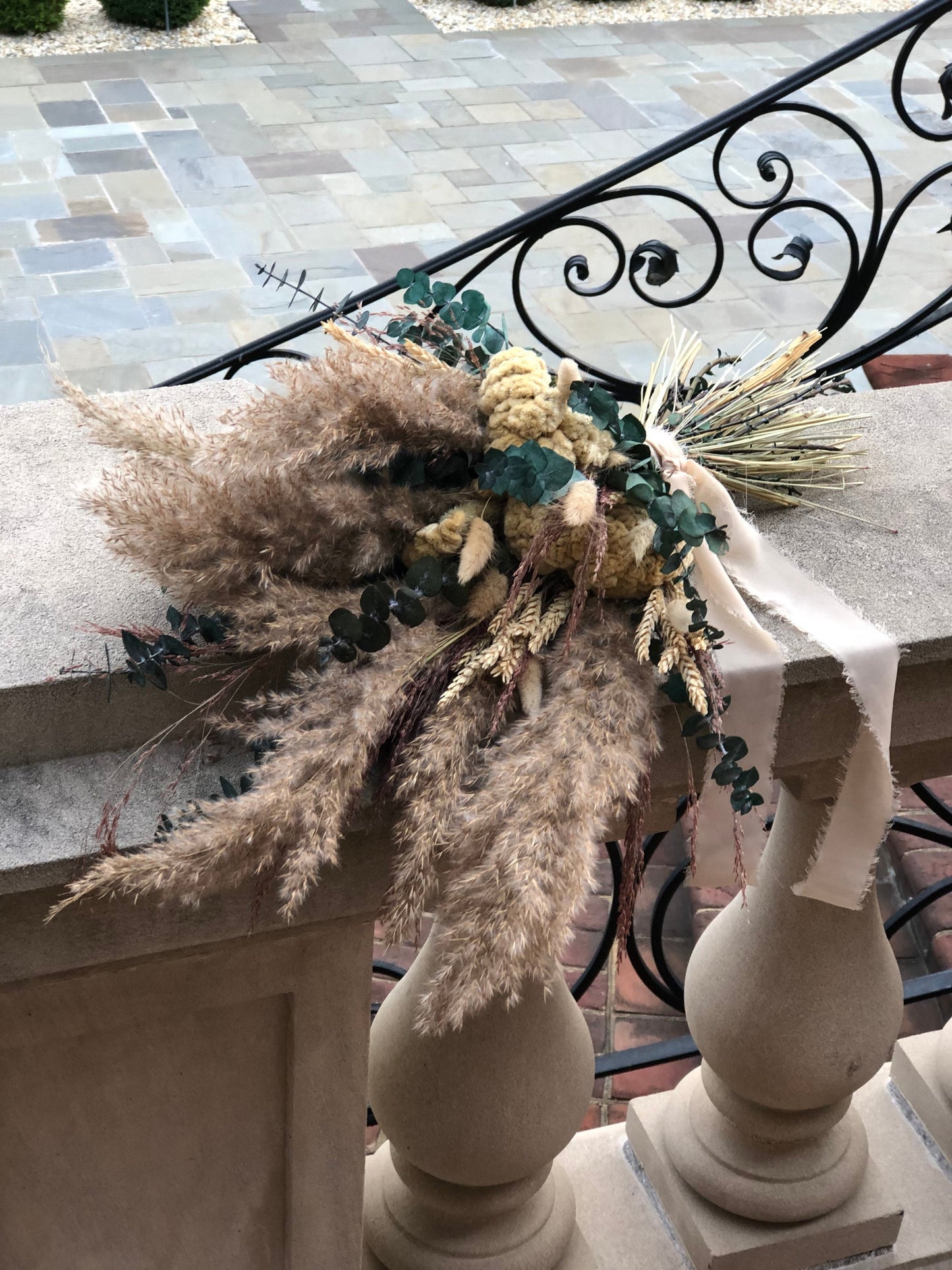 Boho Pampas Grass Wedding Bouquet, Cream, Summer, Beige Preserved Flowers, Coxcomb, Pink, Ribbon, Eucalyptus, Dried, Natural, Bunny Tails