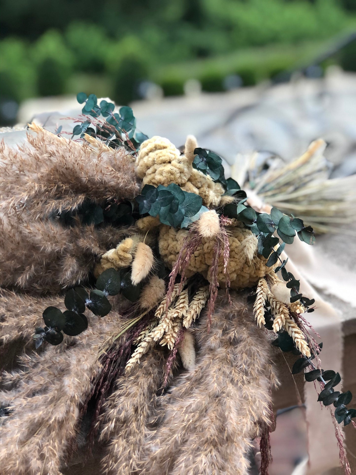 Boho Pampas Grass Wedding Bouquet, Cream, Summer, Beige Preserved Flowers, Coxcomb, Pink, Ribbon, Eucalyptus, Dried, Natural, Bunny Tails