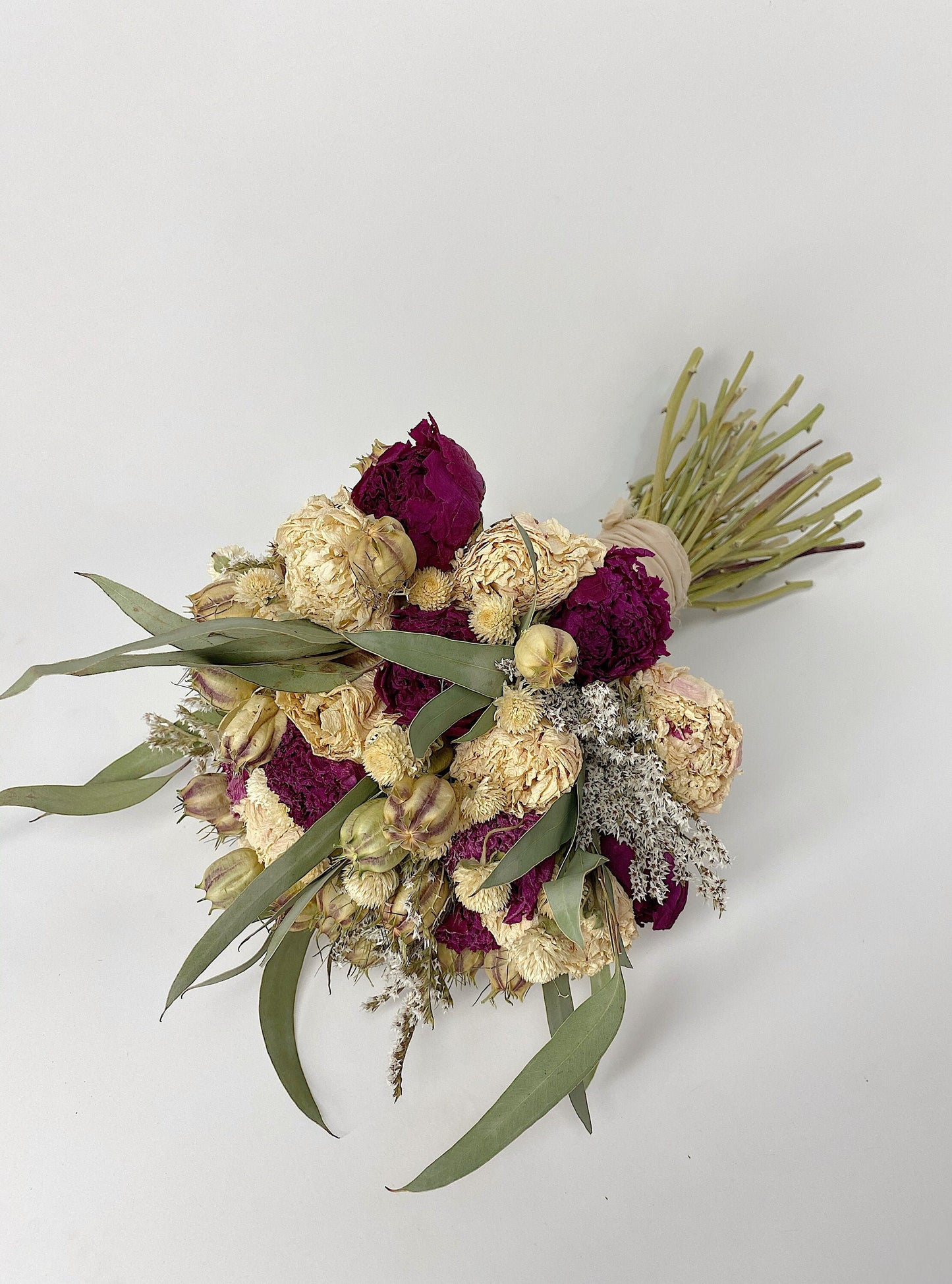 Wedding Bouquet, Peonies, Dried Flowers, Preserved Flowers, Bridal, Nigella, Cream, Purple, German Statice, Ribbon, Summer, Floral, Greenery