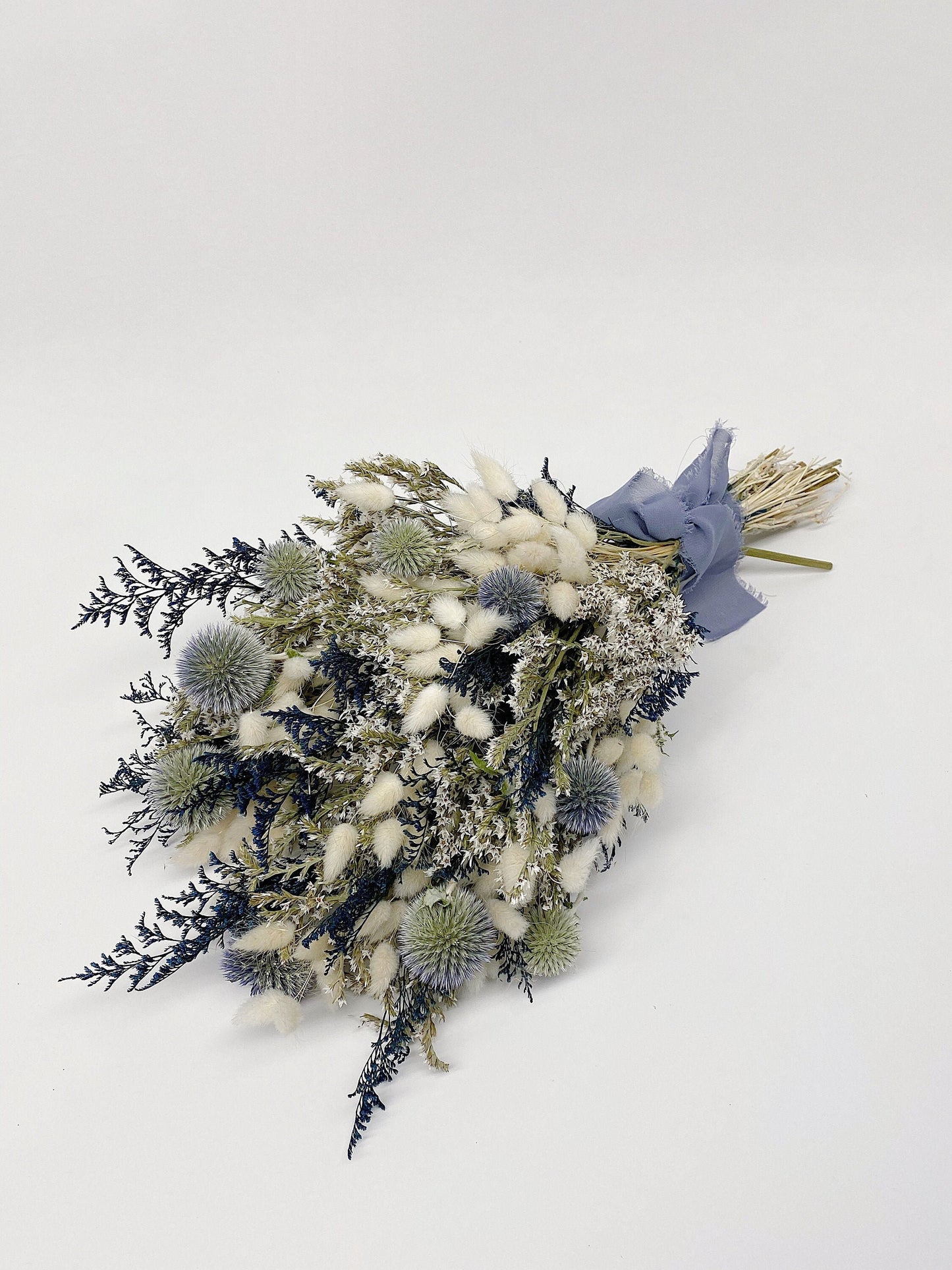 Clear Skies Collection, Wedding Bouquet, Dried Flowers, Winter, Preserved, Bridal, Globe Thistle, Bunny Tails, White, Ribbon, German Statice, Caspia, Blue, Dried