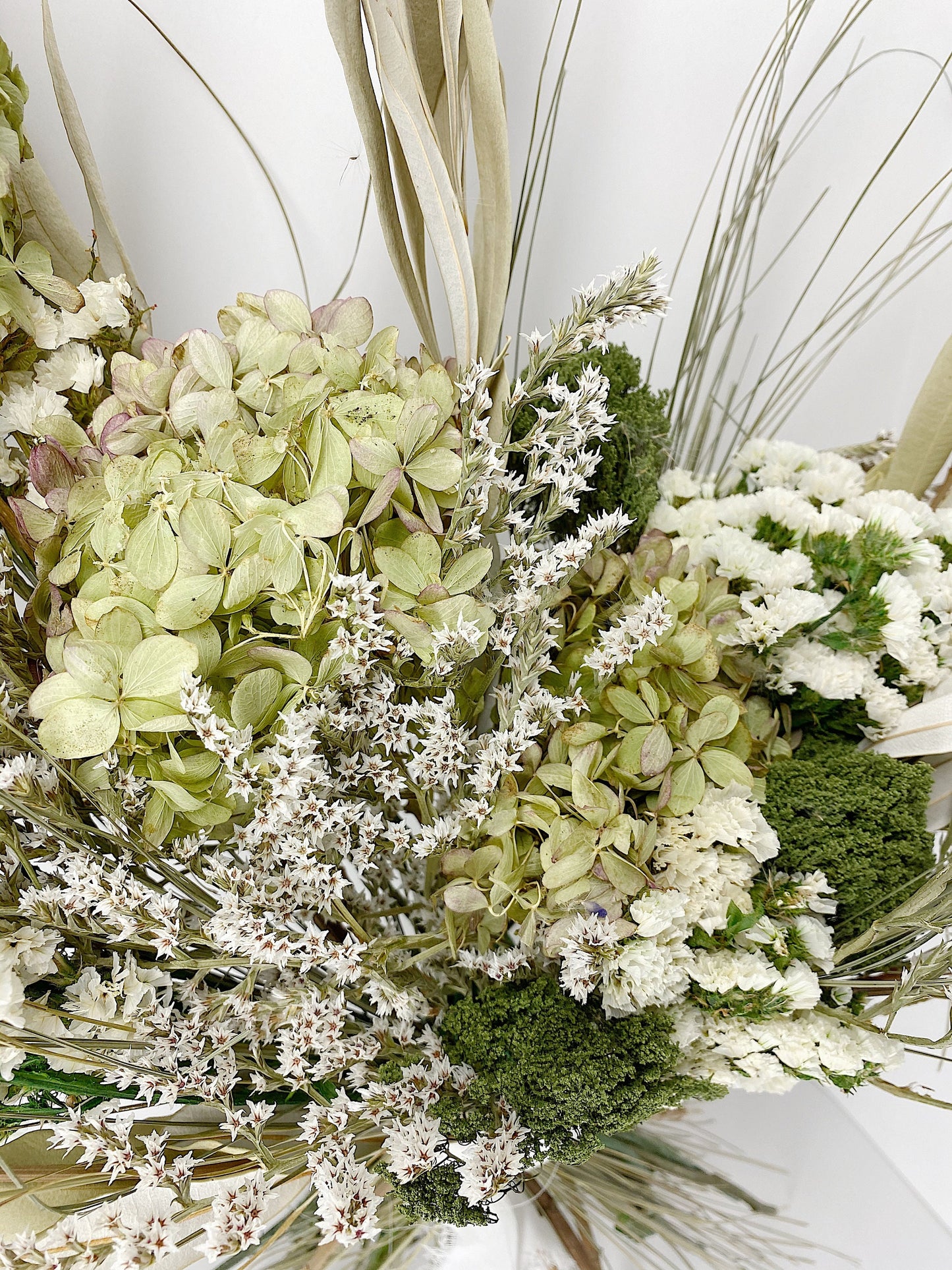 Wedding Bouquet, Green and White, Summer Bouquet, Hydrangeas, Bridal, Floral, Preserved Flowers, German Statice, Neutral, Ribbon, Decor