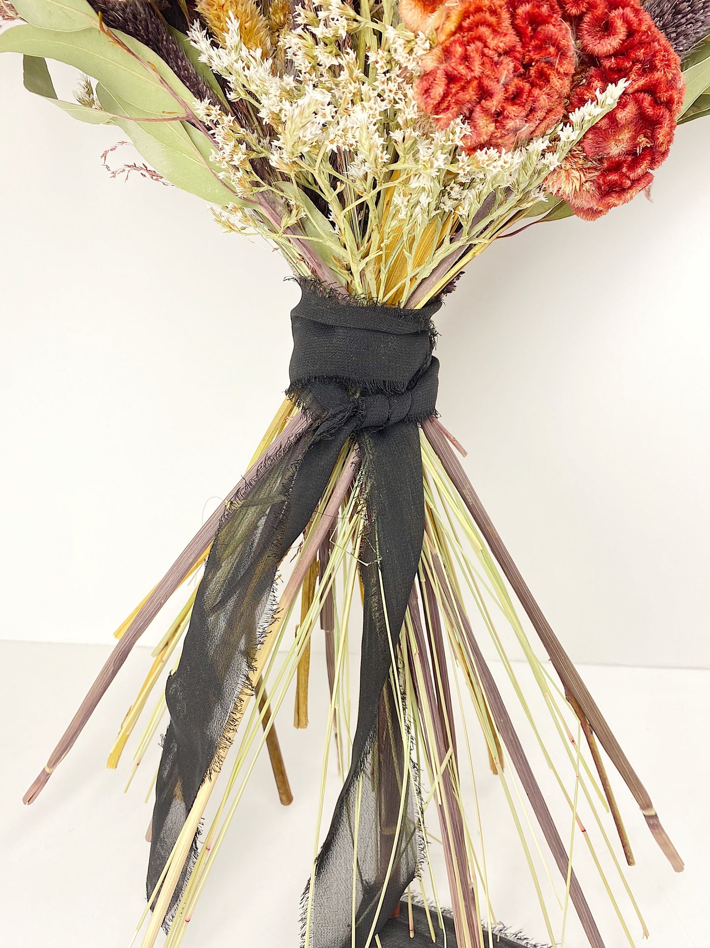 Burgundy Wedding Bouquet, Dried Flowers, Red, Bridal, Coxcomb, Dark, Summer, Fall Purple Majesty, Winter, German Statice, Greenery, Red Silk