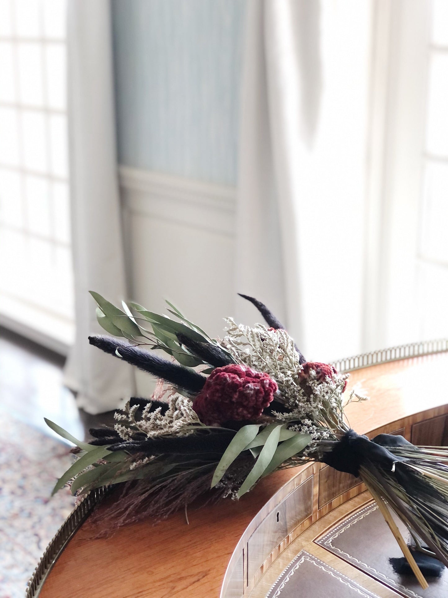 Burgundy Wedding Bouquet, Dried Flowers, Red, Bridal, Coxcomb, Dark, Summer, Fall Purple Majesty, Winter, German Statice, Greenery, Red Silk