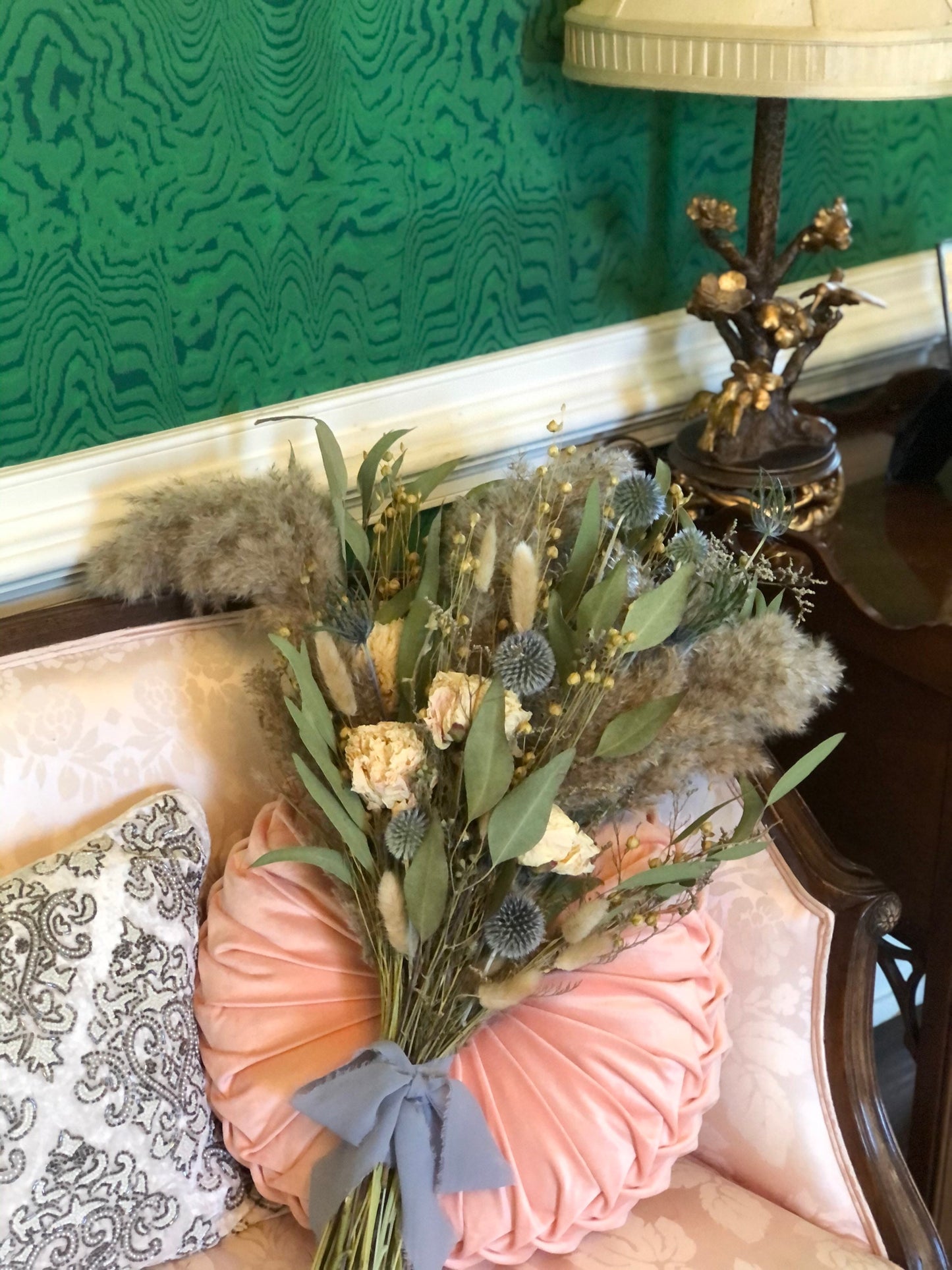 Wedding Bouquet, Pampas Grass, Dried Flowers, Summer, Bridal, Floral, Preserved Flowers, Peonies, Fairy, Blue, Natural, Flax, Greenery
