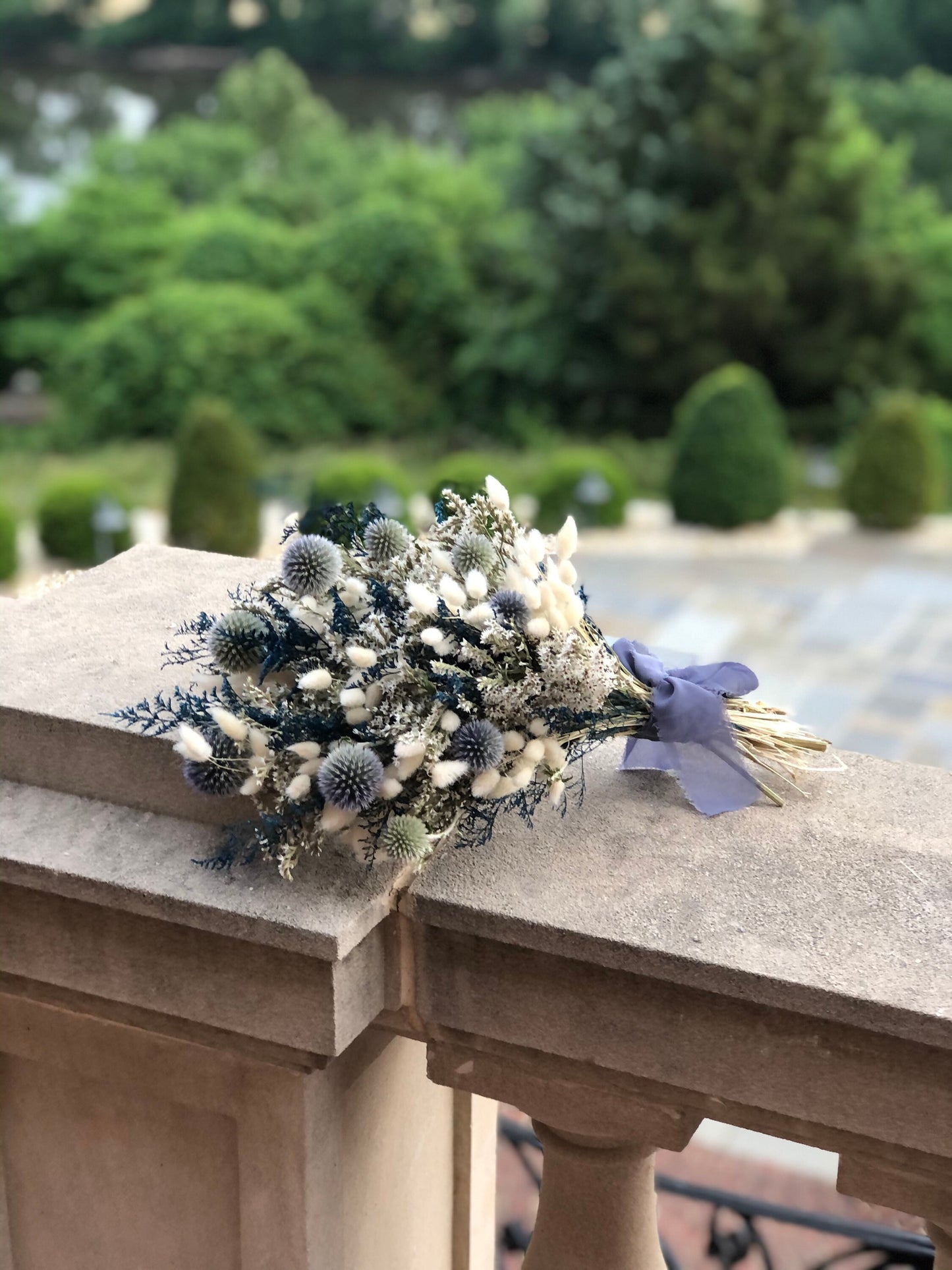 Clear Skies Collection, Wedding Bouquet, Dried Flowers, Winter, Preserved, Bridal, Globe Thistle, Bunny Tails, White, Ribbon, German Statice, Caspia, Blue, Dried