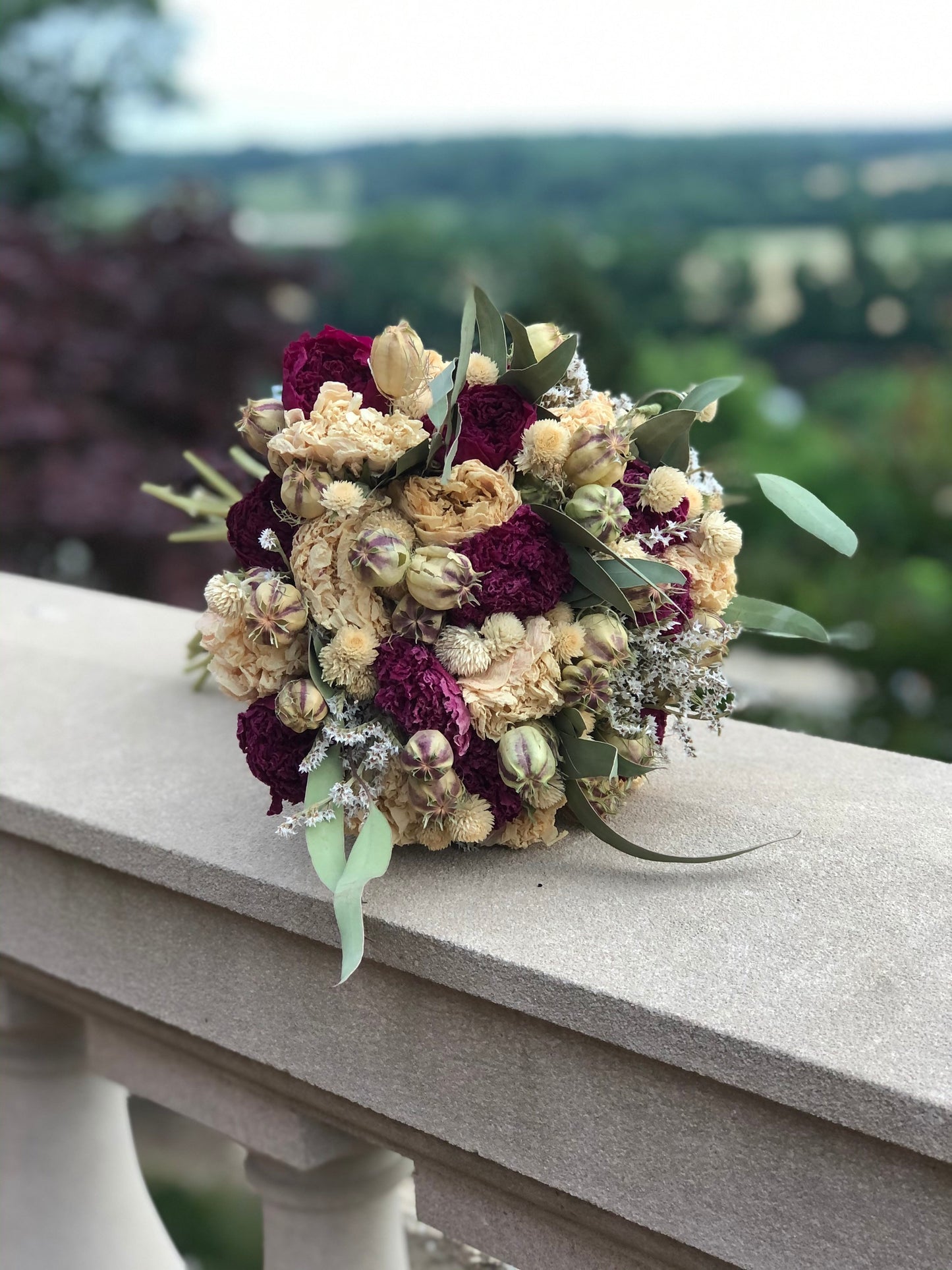 Wedding Bouquet, Peonies, Dried Flowers, Preserved Flowers, Bridal, Nigella, Cream, Purple, German Statice, Ribbon, Summer, Floral, Greenery