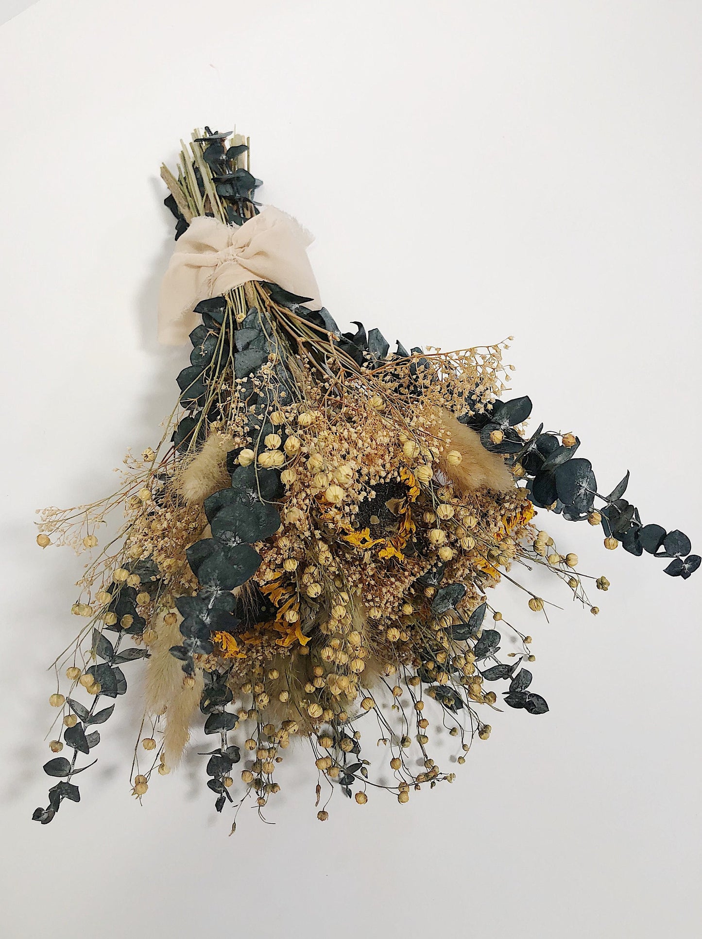 Sunflower Floral Bouquet, Dried Flowers, Preserved Floral, Yellow, Wildflowers, Mini Gyp, Home Decor, Wedding, Bunny Tails, Eucalyptus
