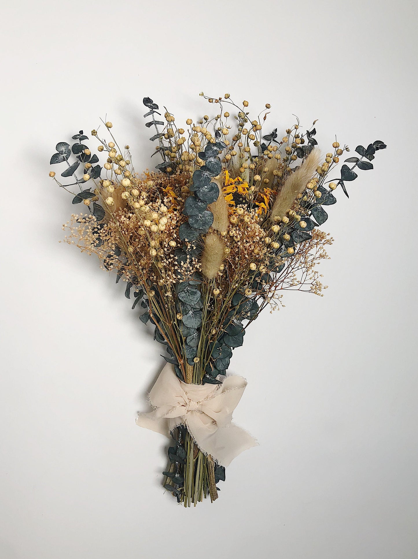 Sunflower Floral Bouquet, Dried Flowers, Preserved Floral, Yellow, Wildflowers, Mini Gyp, Home Decor, Wedding, Bunny Tails, Eucalyptus